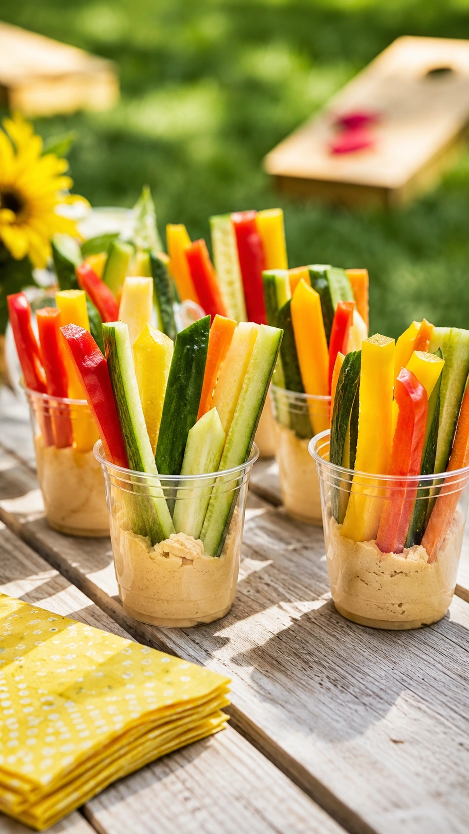 Individual hummus cups with colorful veggie straws on a wooden picnic bench for a quick and healthy summer cookout snack.