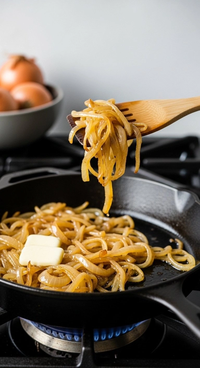 Intimate Macro Detail Of Rich Amber Caramelized Onions Sautéing In A Cast Iron Skillet With A Wooden Spatula, A Savory Treat.