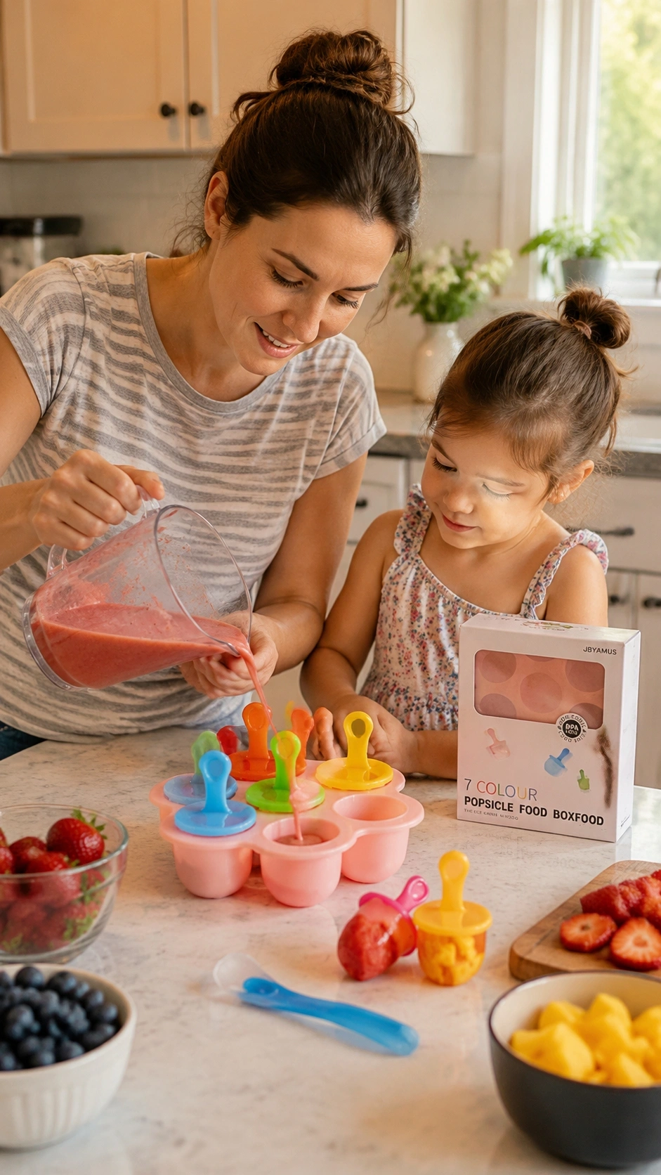 A Pink Jbyamus Silicone Popsicle Mold On A Kitchen Counter Next To A Blender And Spilled Juice.