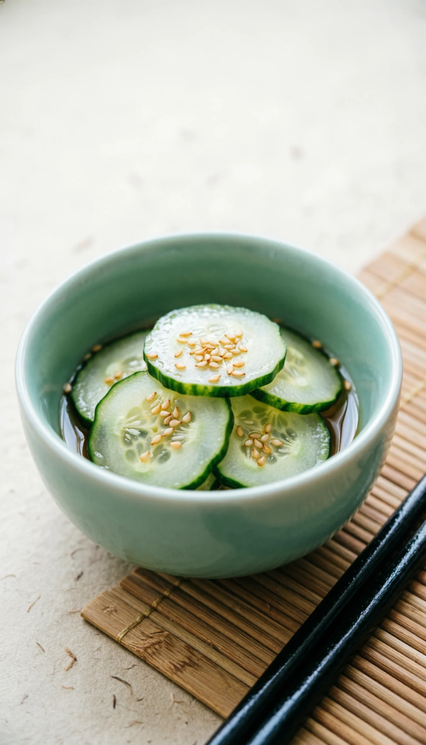 Japanese Sunomono cucumber salad with sesame seeds in a celadon bowl on a bamboo mat with black chopsticks nearby.