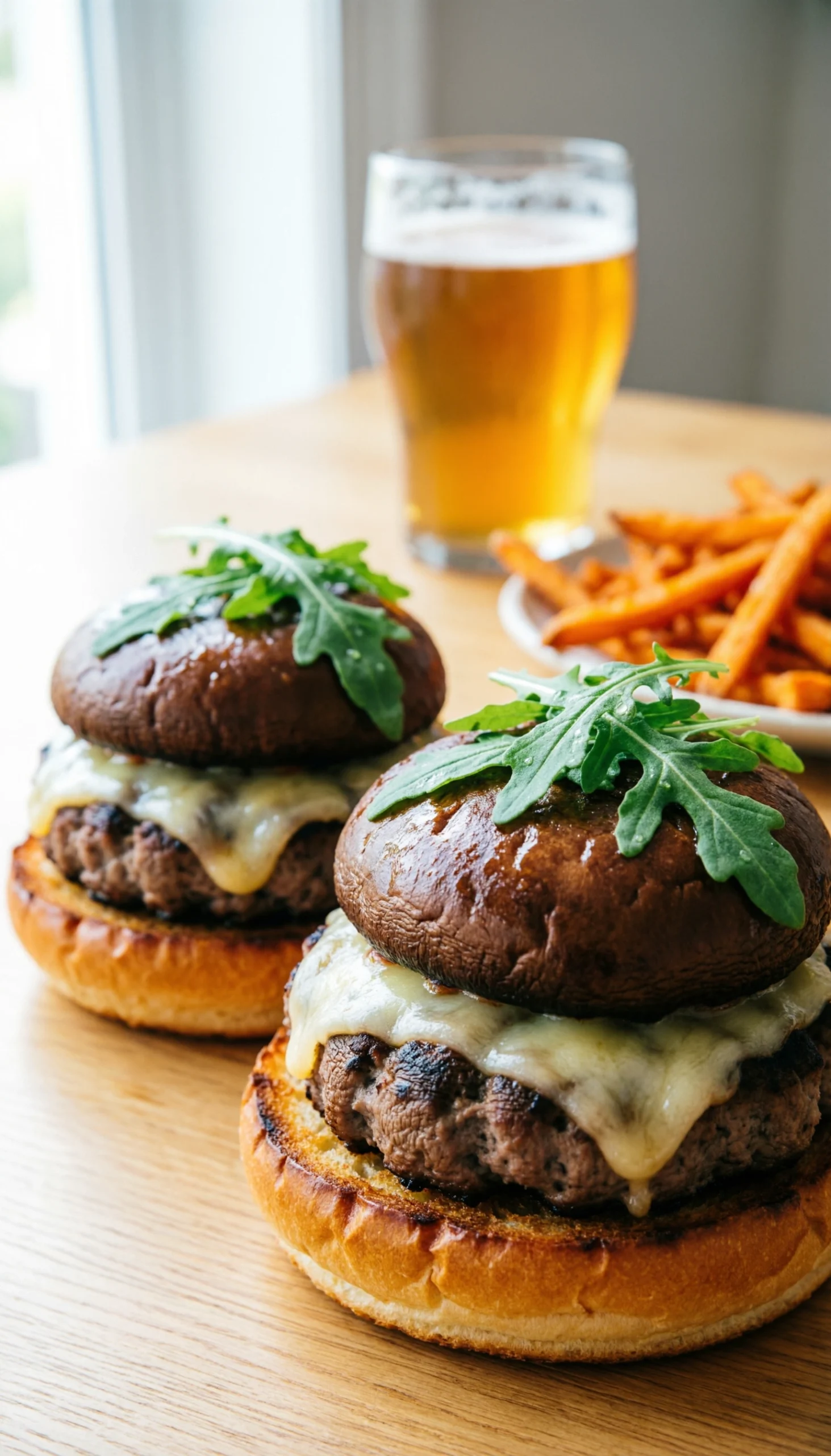 Juicy grilled portobello mushroom sliders with vegan cheese and fresh arugula on toasted buns on a wooden table.