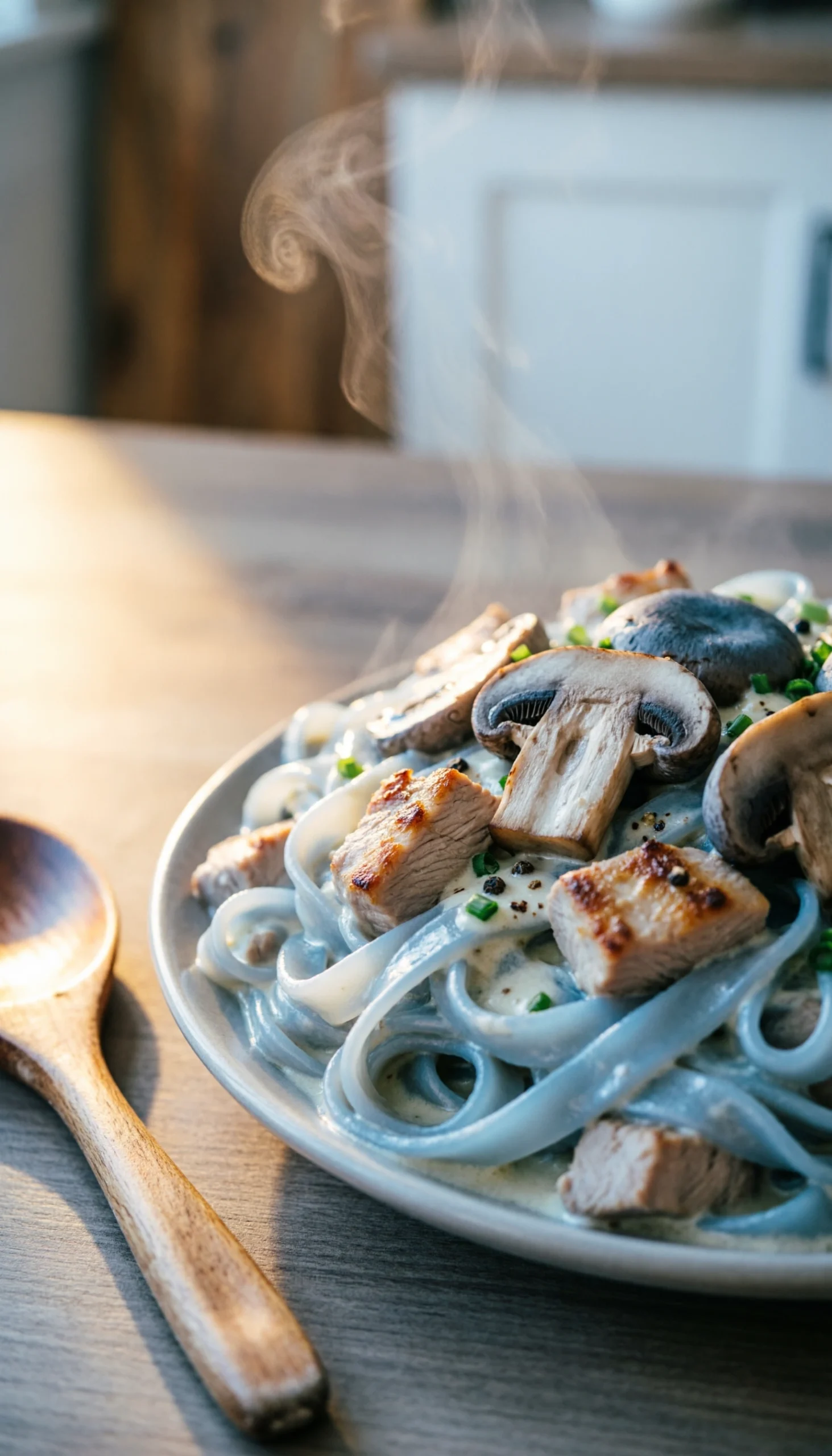 Keto turkey noodle casserole with shirataki noodles, roasted turkey, and mushrooms on a rustic wooden table.