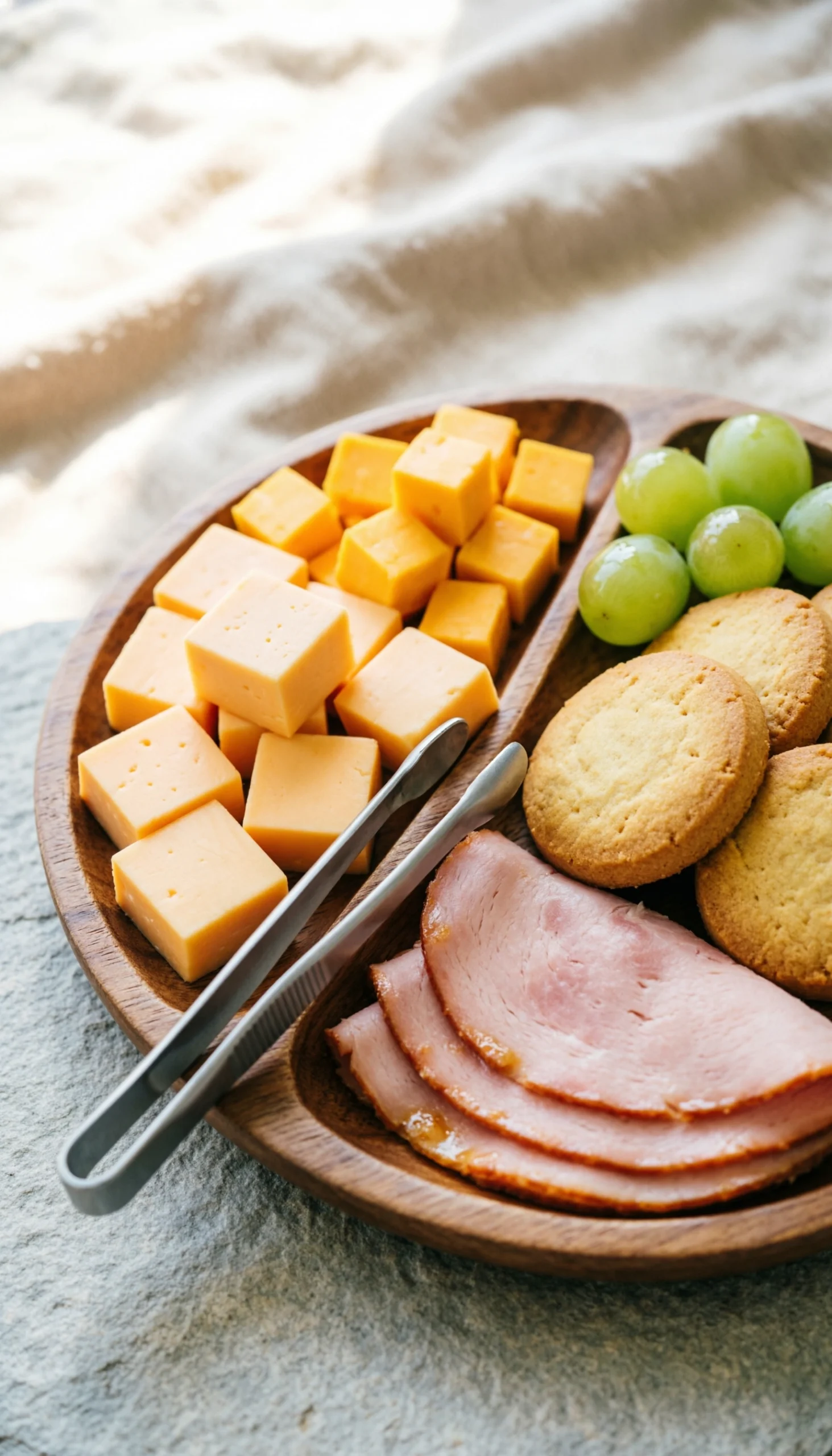 Kid friendly charcuterie tray with cheese squares and crackers for toddler outdoor cooking sides at a summer picnic.