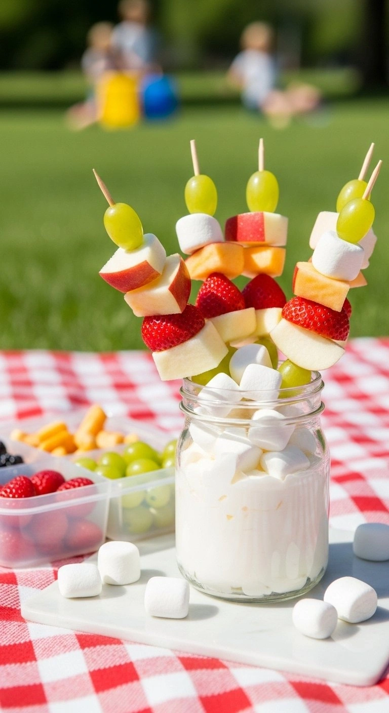 Kid-Friendly Fruit Kabobs With Strawberries And Apples Served With Fluffy Marshmallow Dip On A Gingham Picnic Blanket.