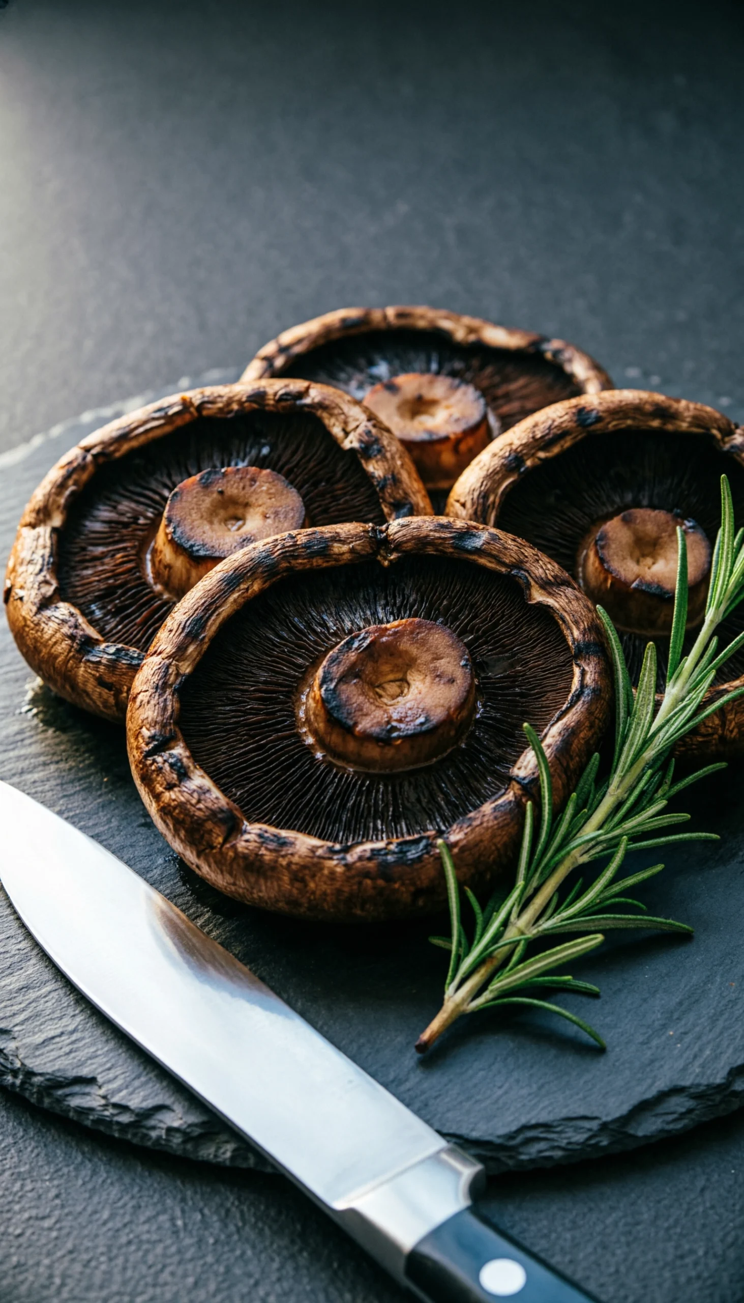 Large, juicy grilled portobello mushroom caps with meaty texture and deep grill marks on a dark slate platter, a savory recipe.