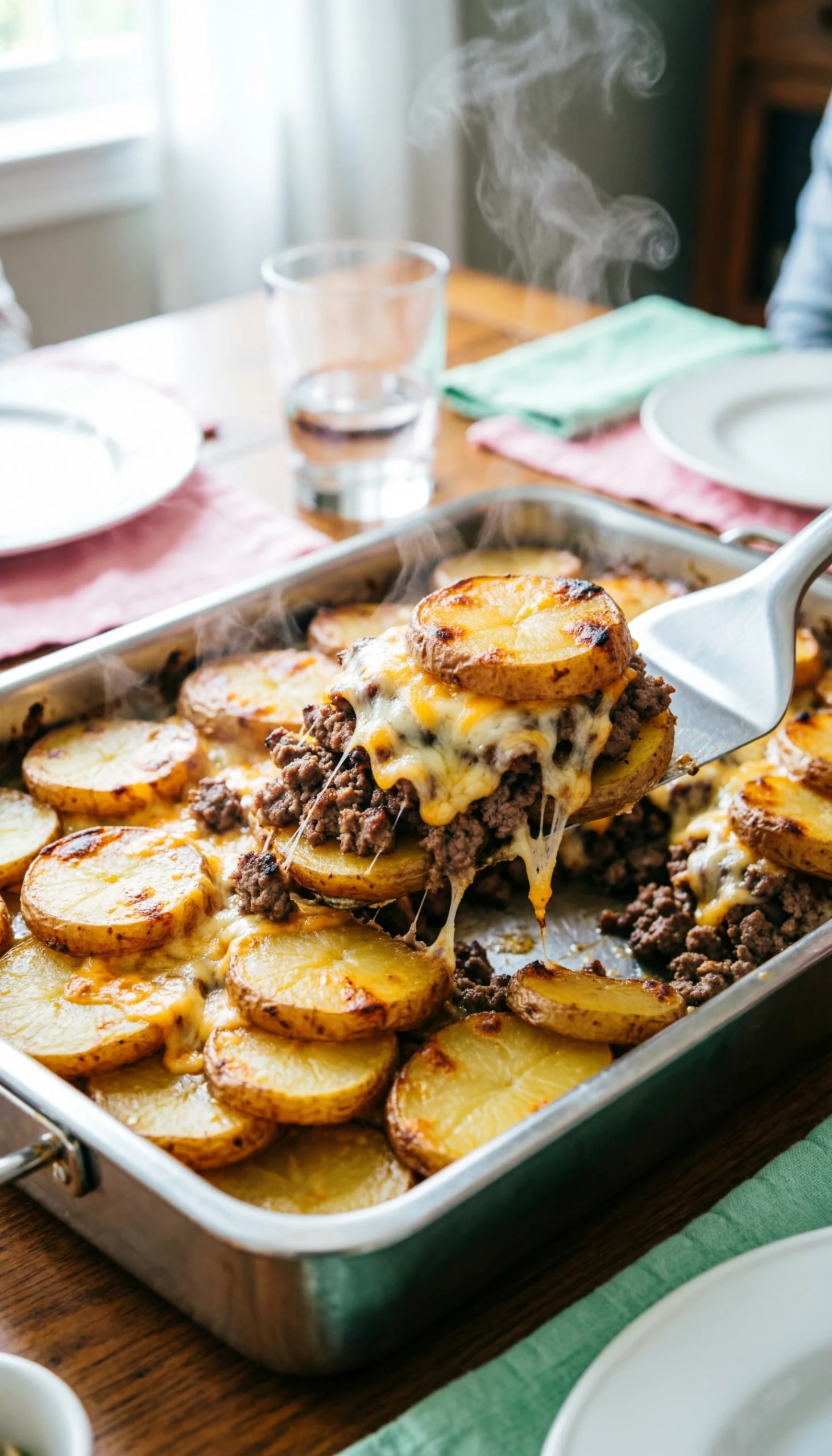 Large party-sized hamburger potato casserole with steaming beef, potatoes, and cheese in a stainless steel pan.