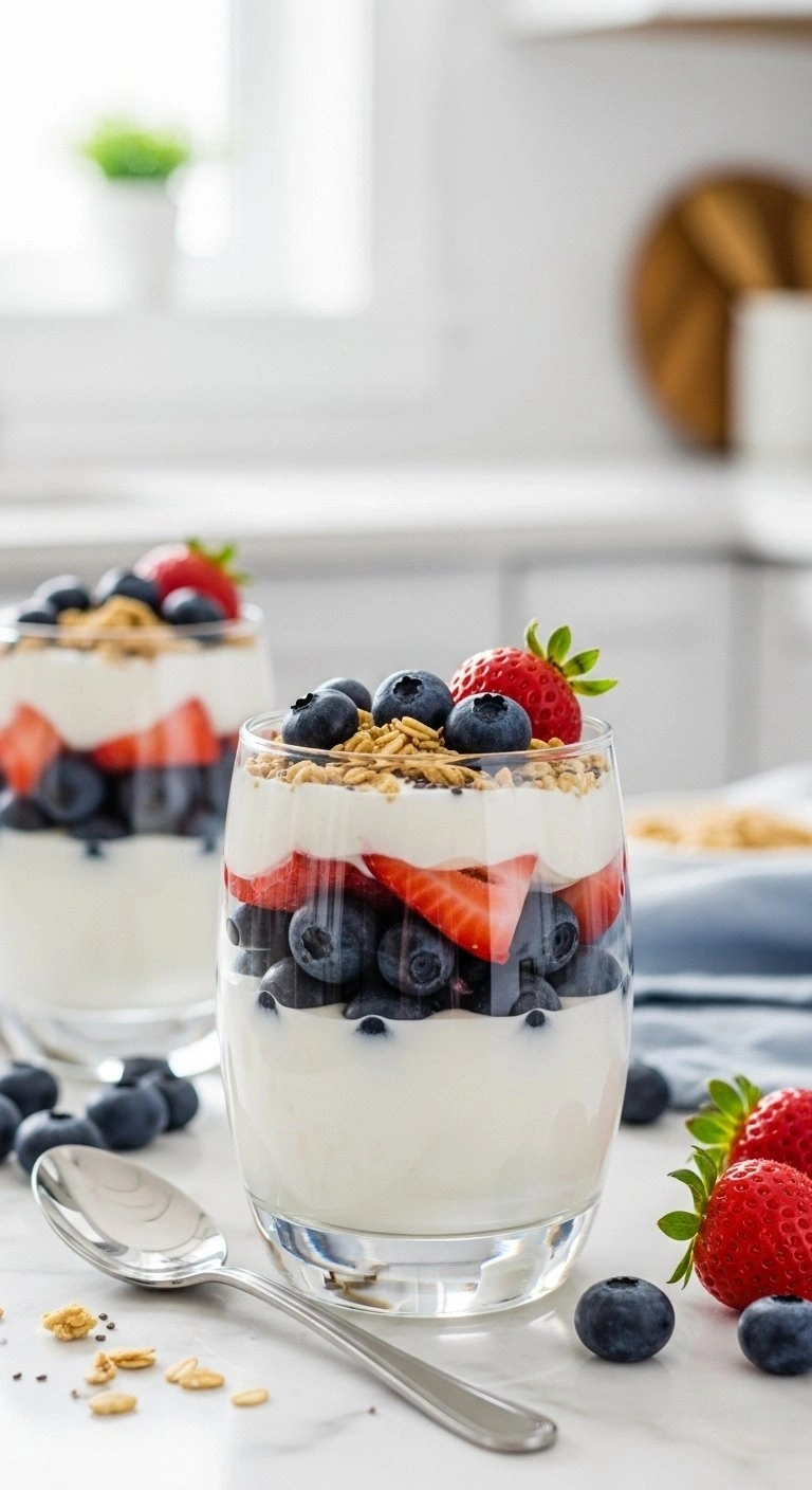 Layered Greek Yogurt Parfait With Fresh Blueberries, Strawberries, And Golden Granola On A White Marble Countertop.