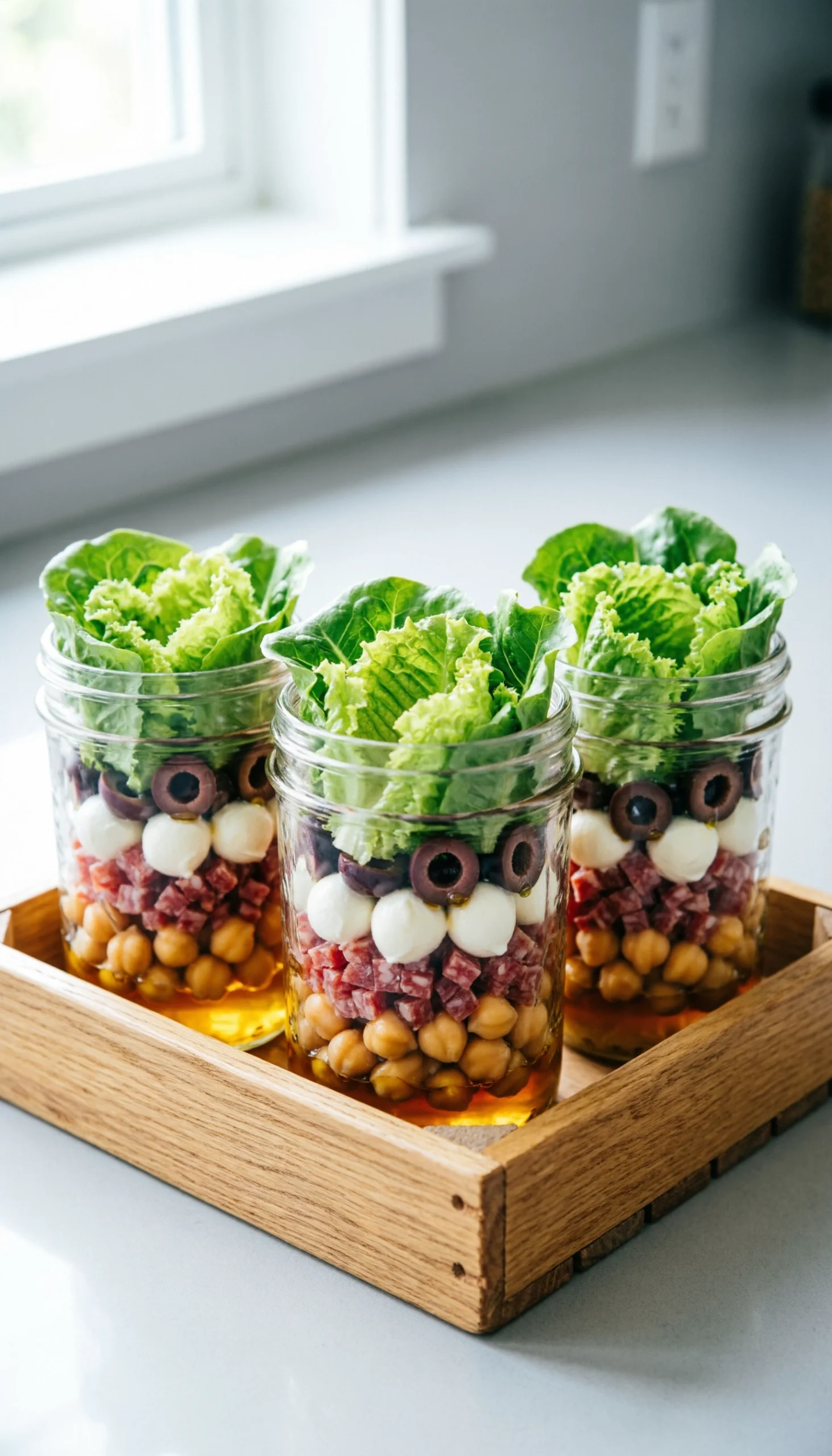 Layered Italian Chopped Salad In Glass Mason Jars With Chickpeas, Salami, And Mozzarella On A Kitchen Counter.