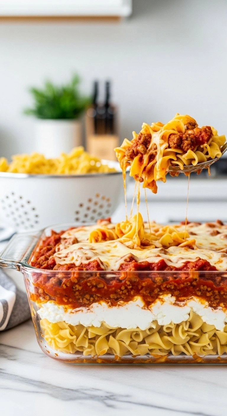 Layered Sour Cream Ground Beef Casserole With Egg Noodles And Melted Cheese In A Clear Glass Baking Dish On Marble.