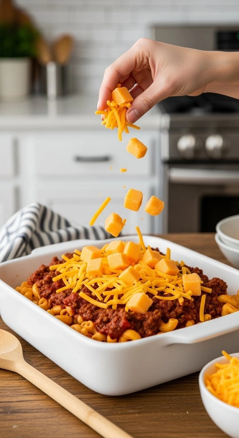 Layering Shredded Cheddar Cheese Over Saucy Sloppy Joe Meat And Macaroni In A White Ceramic 9X13 Baking Dish.