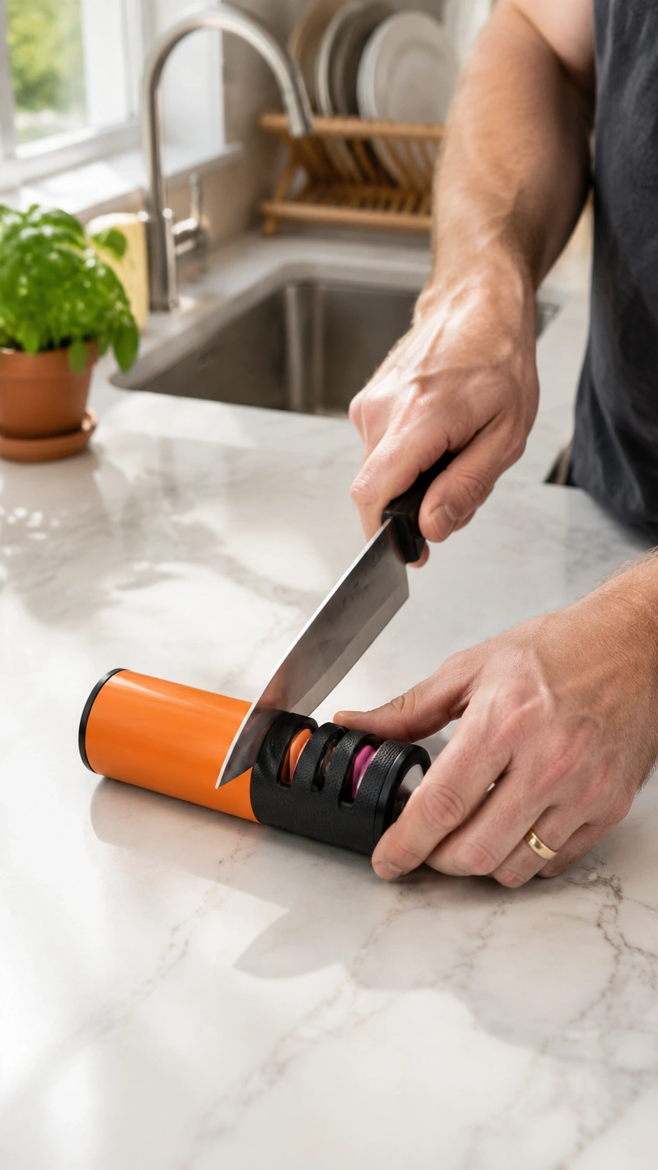 A Testing Setup Showing The Orange Lefugo Electric Knife Sharpener On A Kitchen Counter Next To A Dull Chef's Knife, A Stopwatch, And A Perfectly Sliced Tomato.