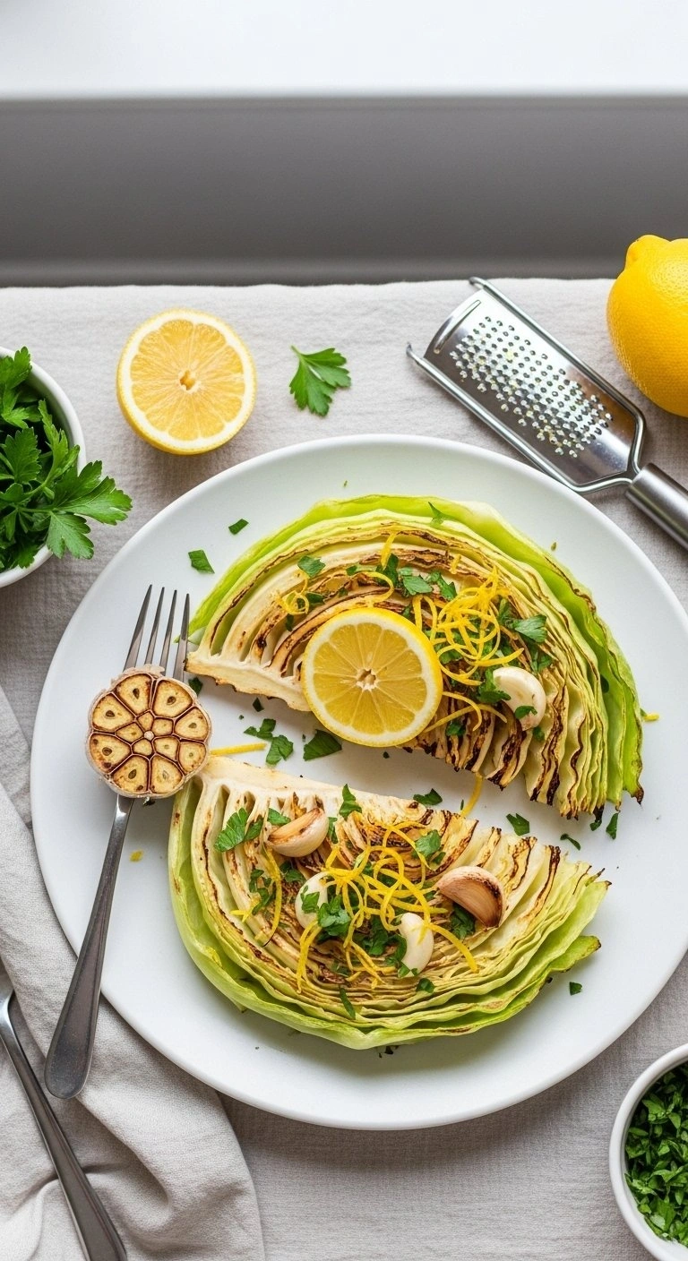 Lemon Herb Garlic Roasted Cabbage Steaks Topped With Fresh Parsley And Lemon Zest On A Crisp White Ceramic Platter.
