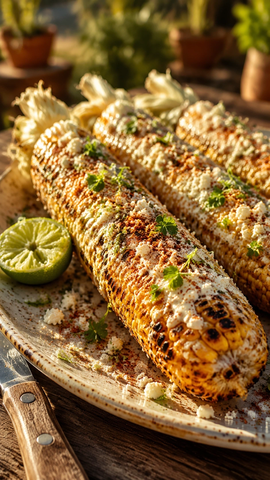 Lightened Mexican street corn (Elote) with charred cobs, creamy yogurt sauce, chili powder, cotija cheese, and cilantro.