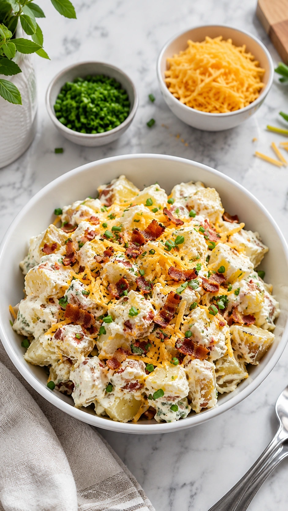 Loaded baked potato salad topped with cheddar cheese and bacon on a sleek marble countertop with fresh green chives.