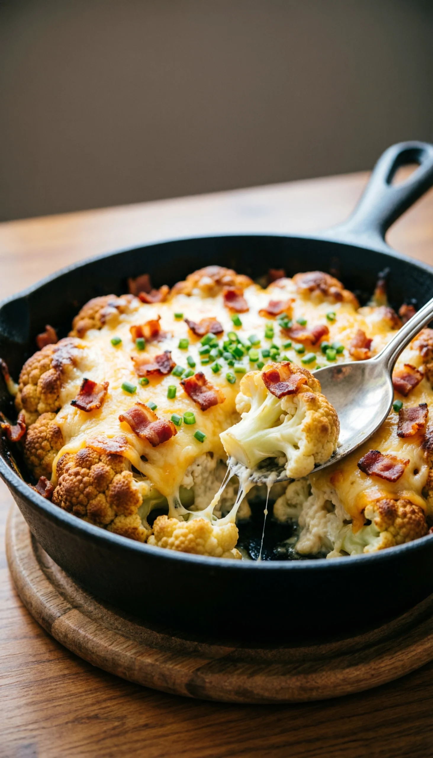 Loaded cauliflower casserole with melted cheddar, crispy bacon, and chives in a cast-iron skillet on a wooden trivet.