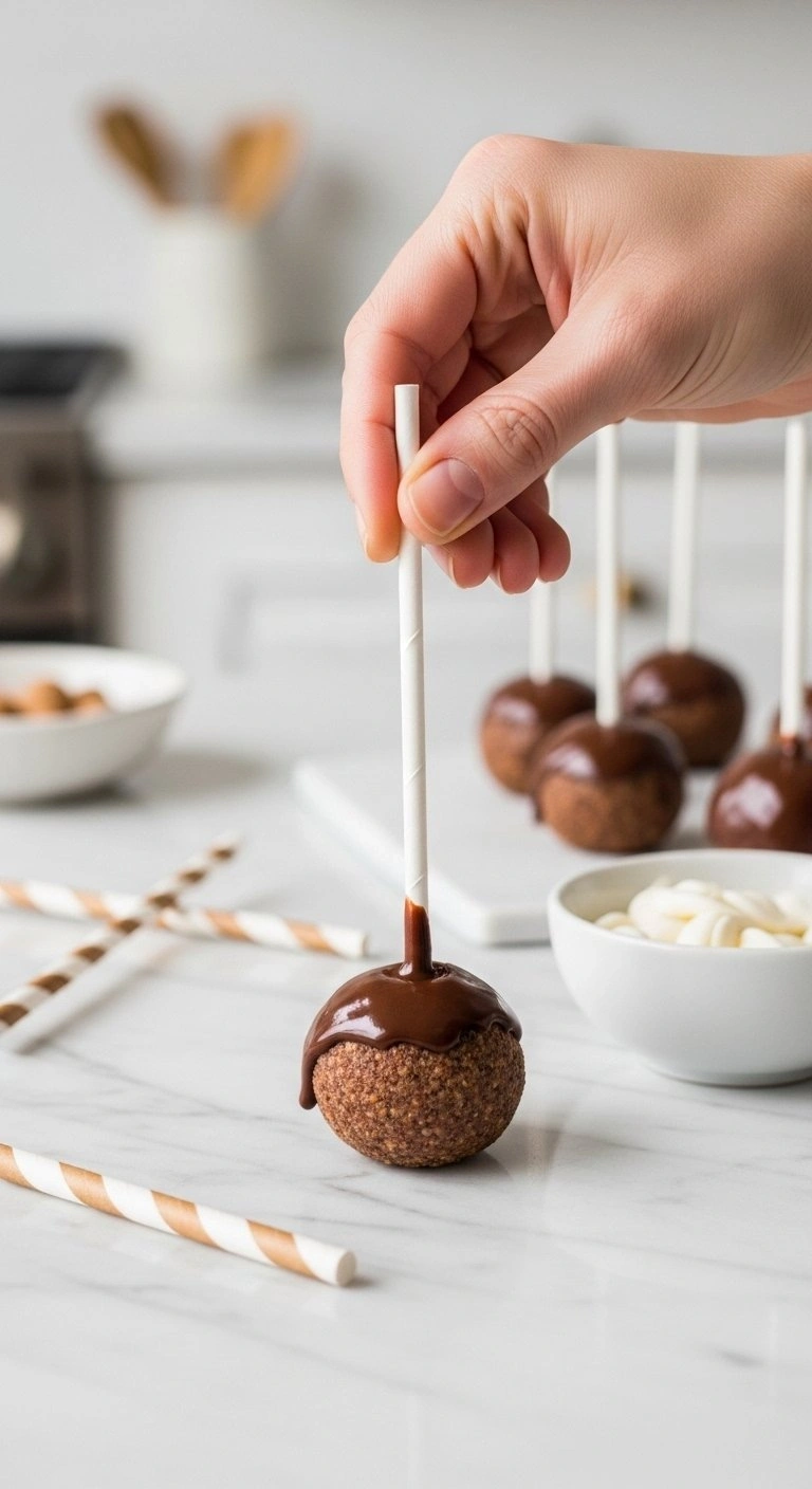 Lollipop Sticks Being Dipped In Melted White Chocolate And Inserted Into Chilled Cake Balls On A Marble Counter.