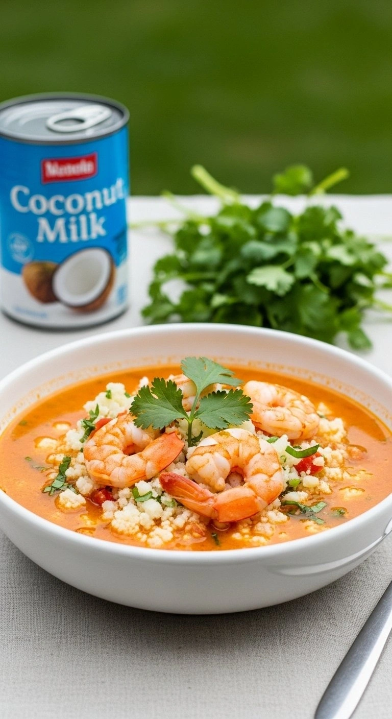 Low-Carb Dairy-Free Seafood Chili Made With Coconut Milk, Shrimp, And Cauliflower Rice Garnished With Cilantro.