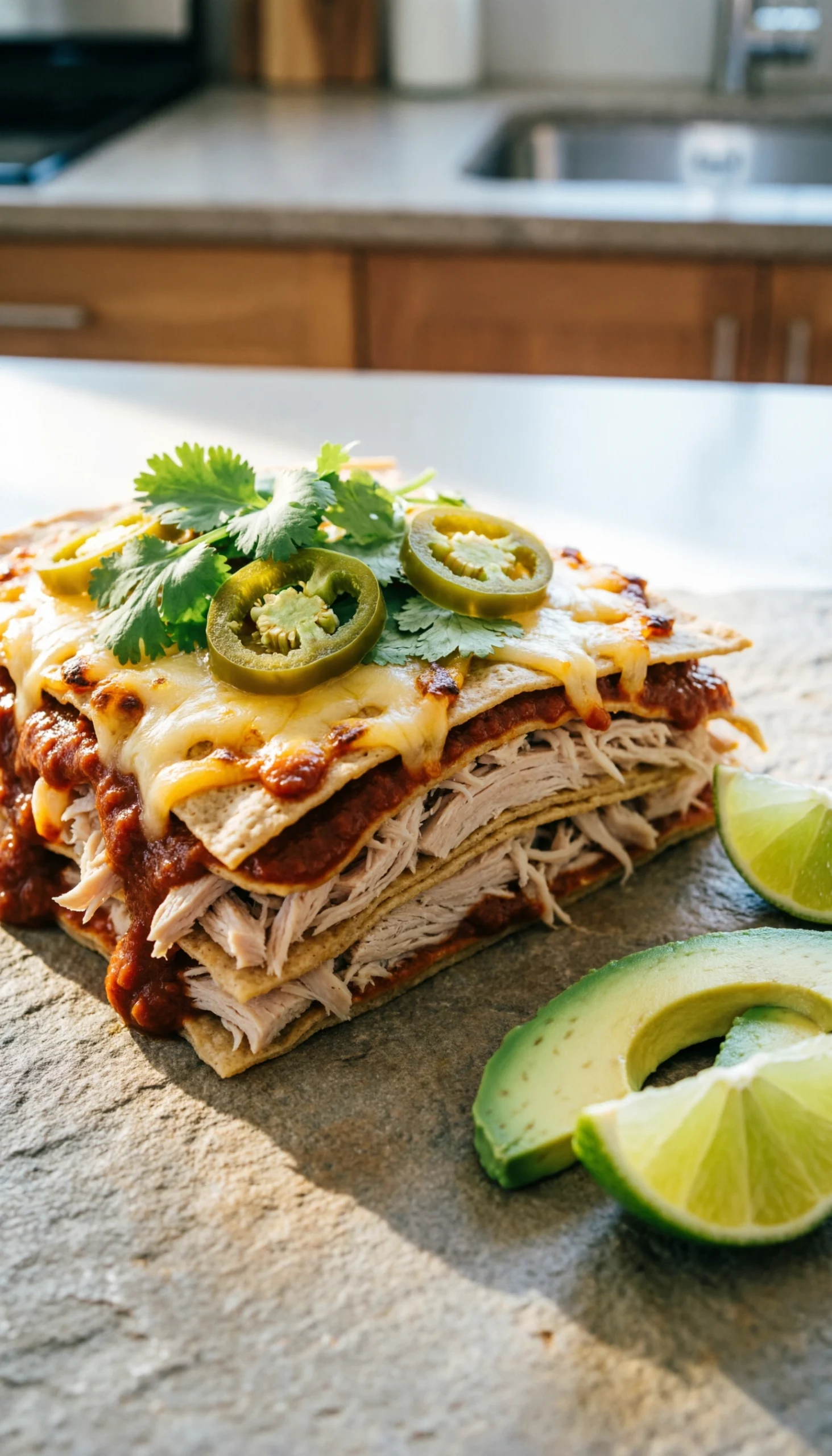 Low carb turkey enchilada casserole with red sauce, melted cheese, cilantro, and jalapeños on a stone table.