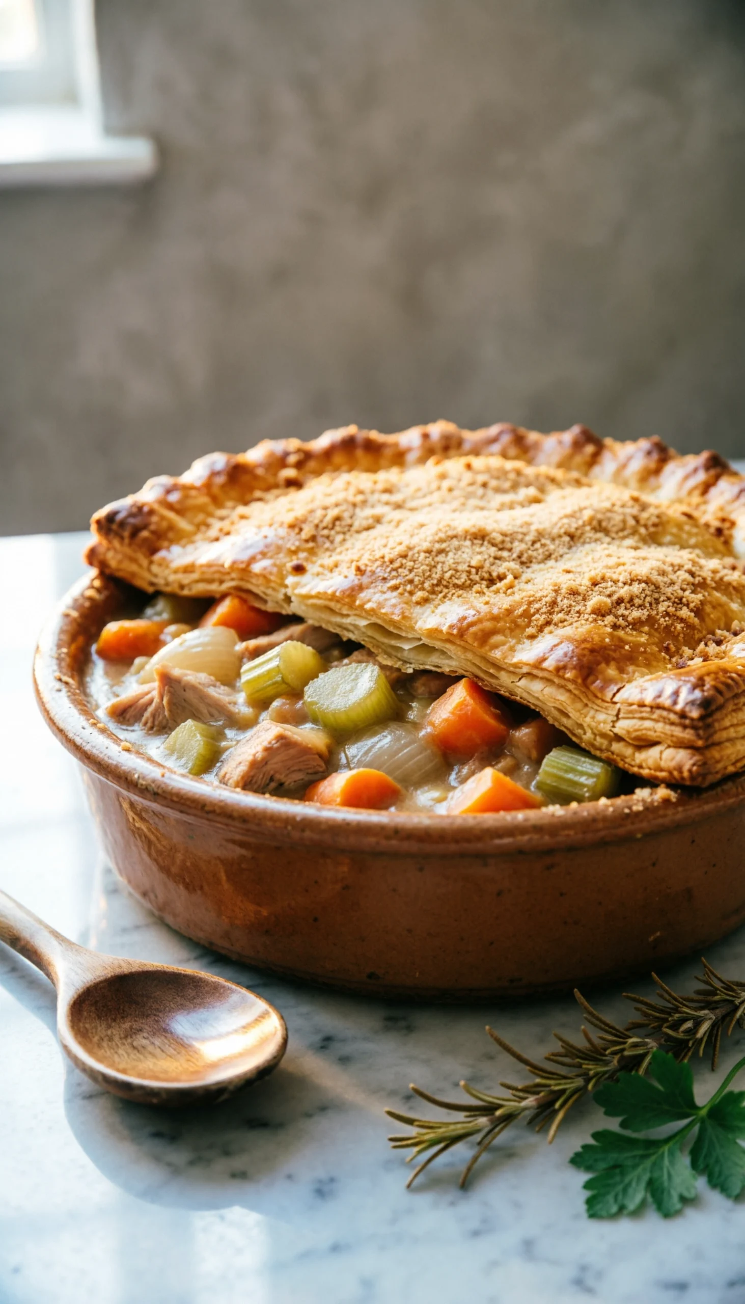 Low carb turkey pot pie with a flaky golden almond flour crust and creamy turkey filling on a marble counter.