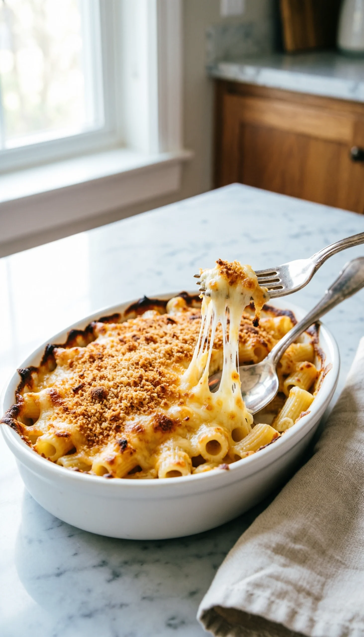 Luscious baked macaroni and cheese with a golden crust and gooey cheese pull in a white dish on a kitchen countertop.