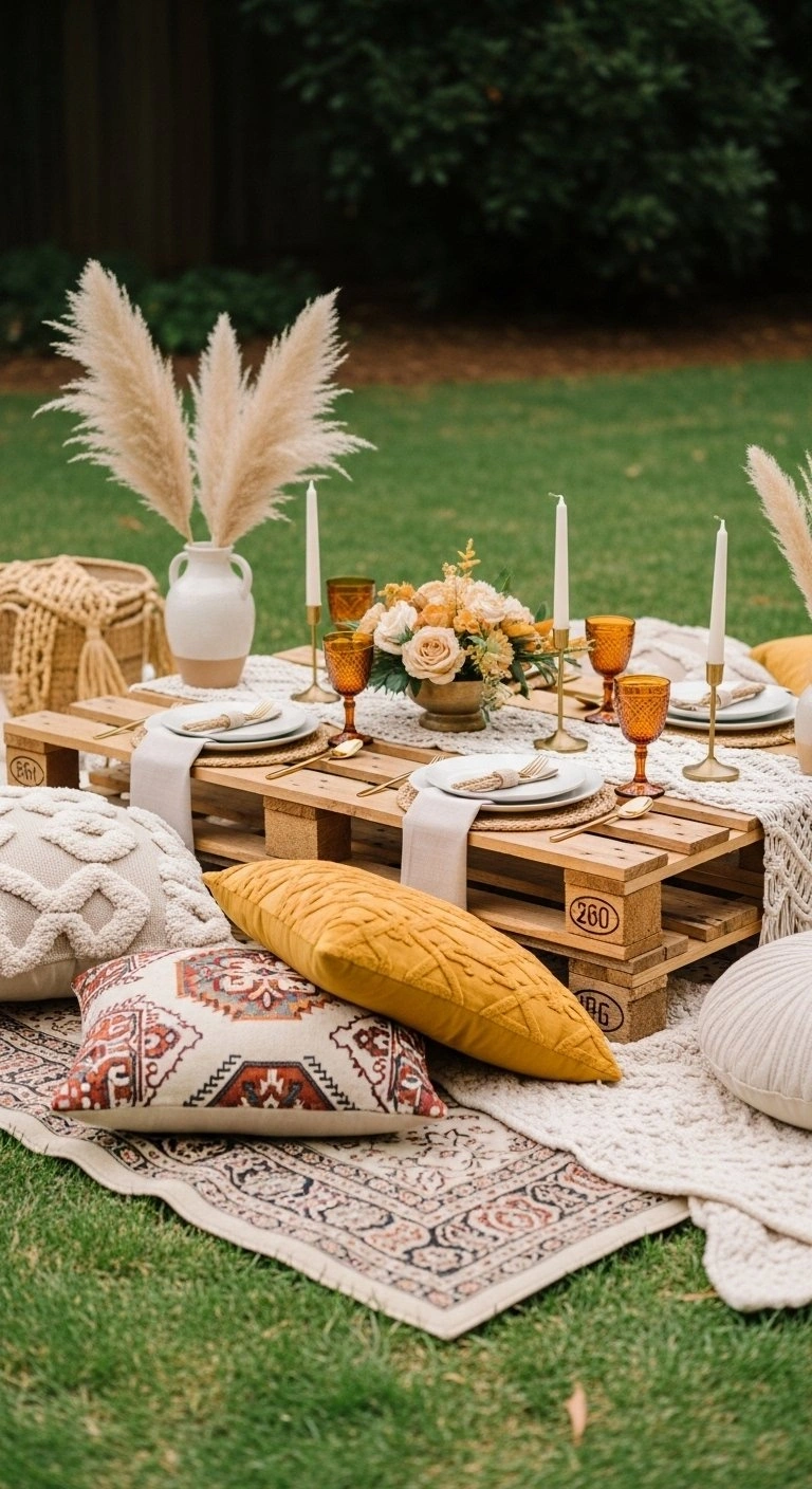 Luxury Bohemian Picnic Setup With Colorful Pillows, Vintage Rugs, And A Low Wooden Table On A Lush Green Lawn.