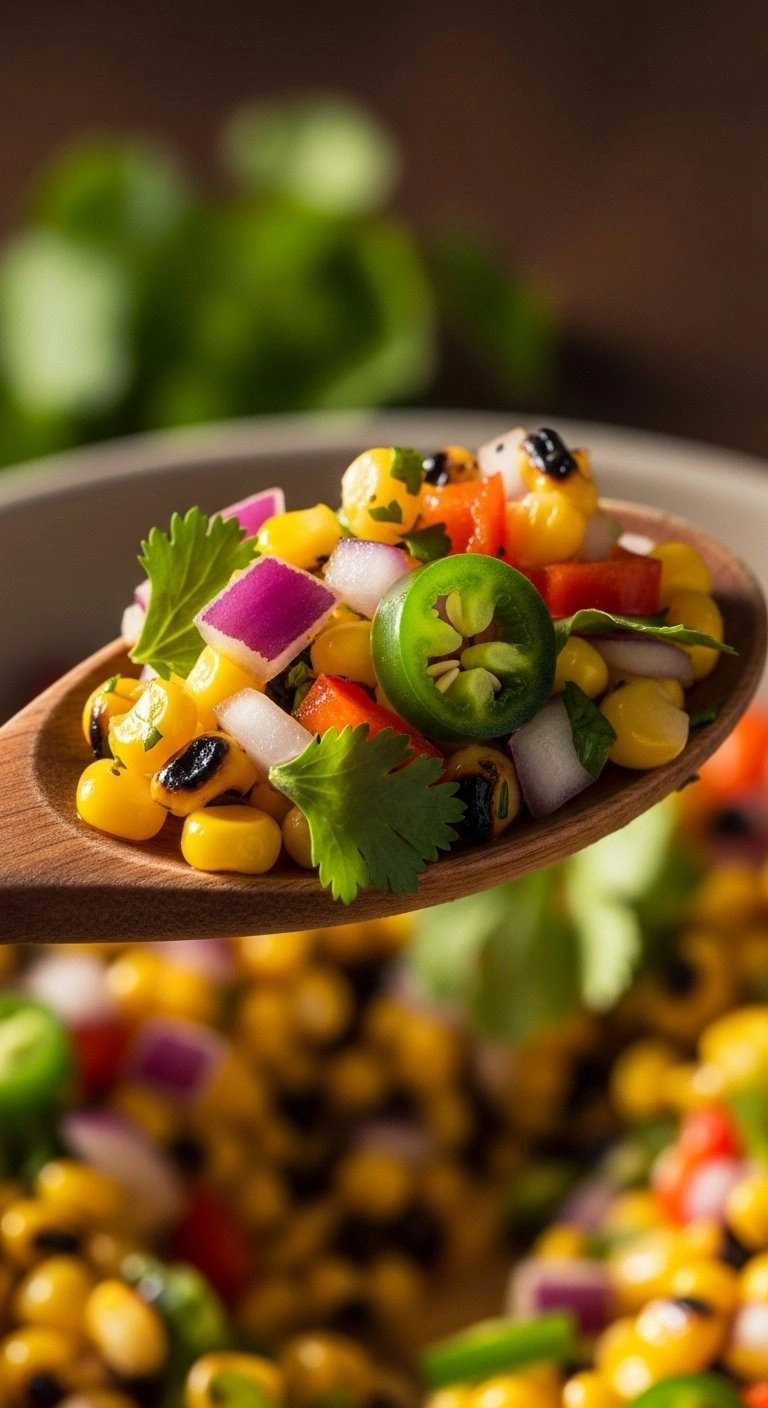 Macro Shot Of Spicy Roasted Corn Salsa On A Wooden Spoon Featuring Charred Corn, Red Onion, Jalapeño, And Fresh Cilantro.