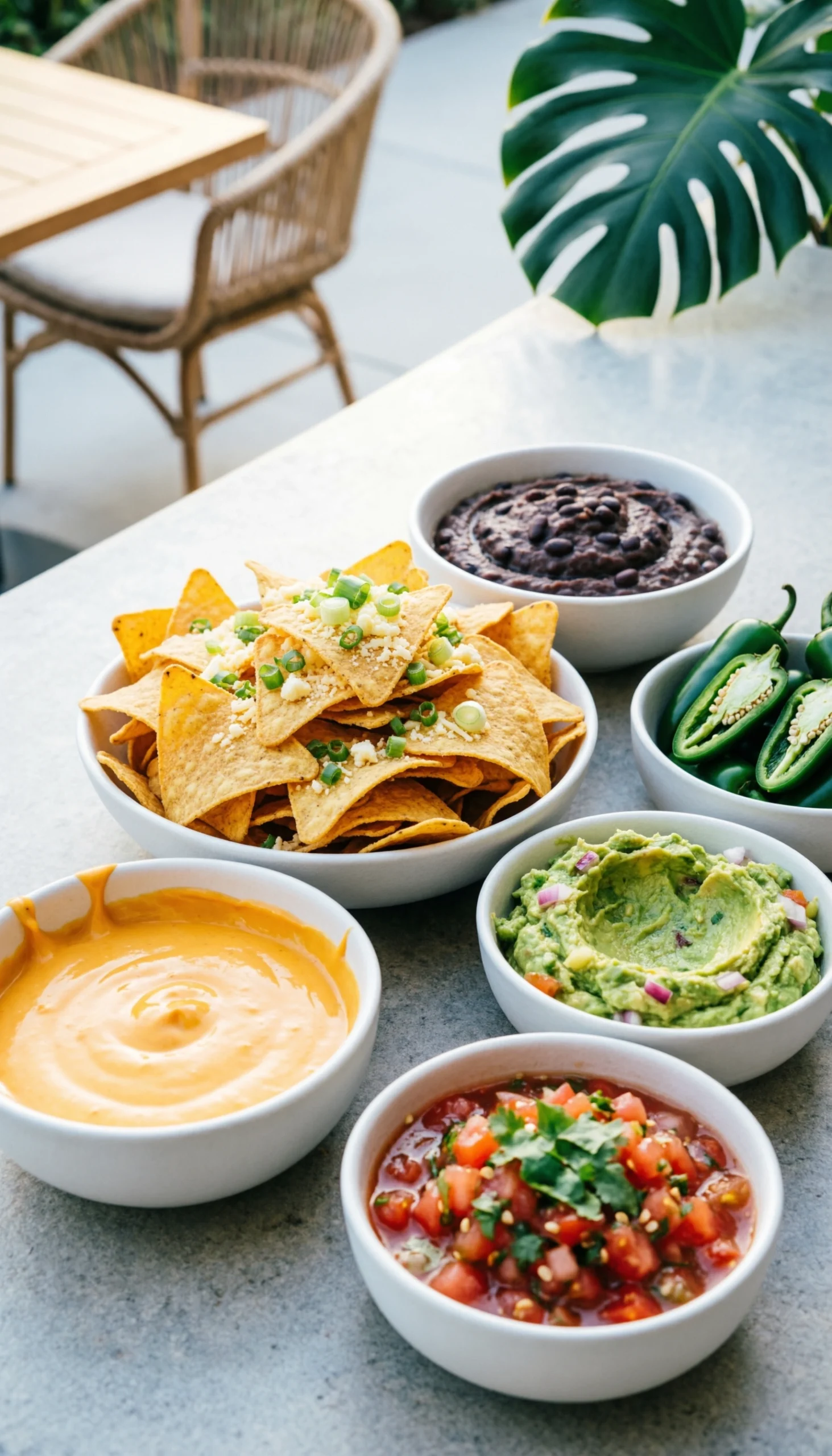 Magazine-quality image of a vibrant DIY nacho bar with queso, guacamole, salsa, and tortilla chips on stone.