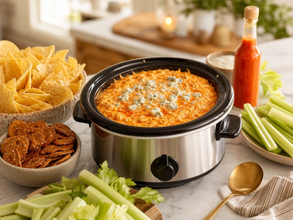 Magazine-quality image of bubbling buffalo chicken dip with blue cheese, chips, celery, and pretzel thins on a marble counter.