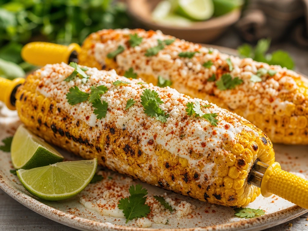 Magazine-quality image of charred Mexican street corn with creamy sauce, chili powder, cotija cheese, and cilantro.