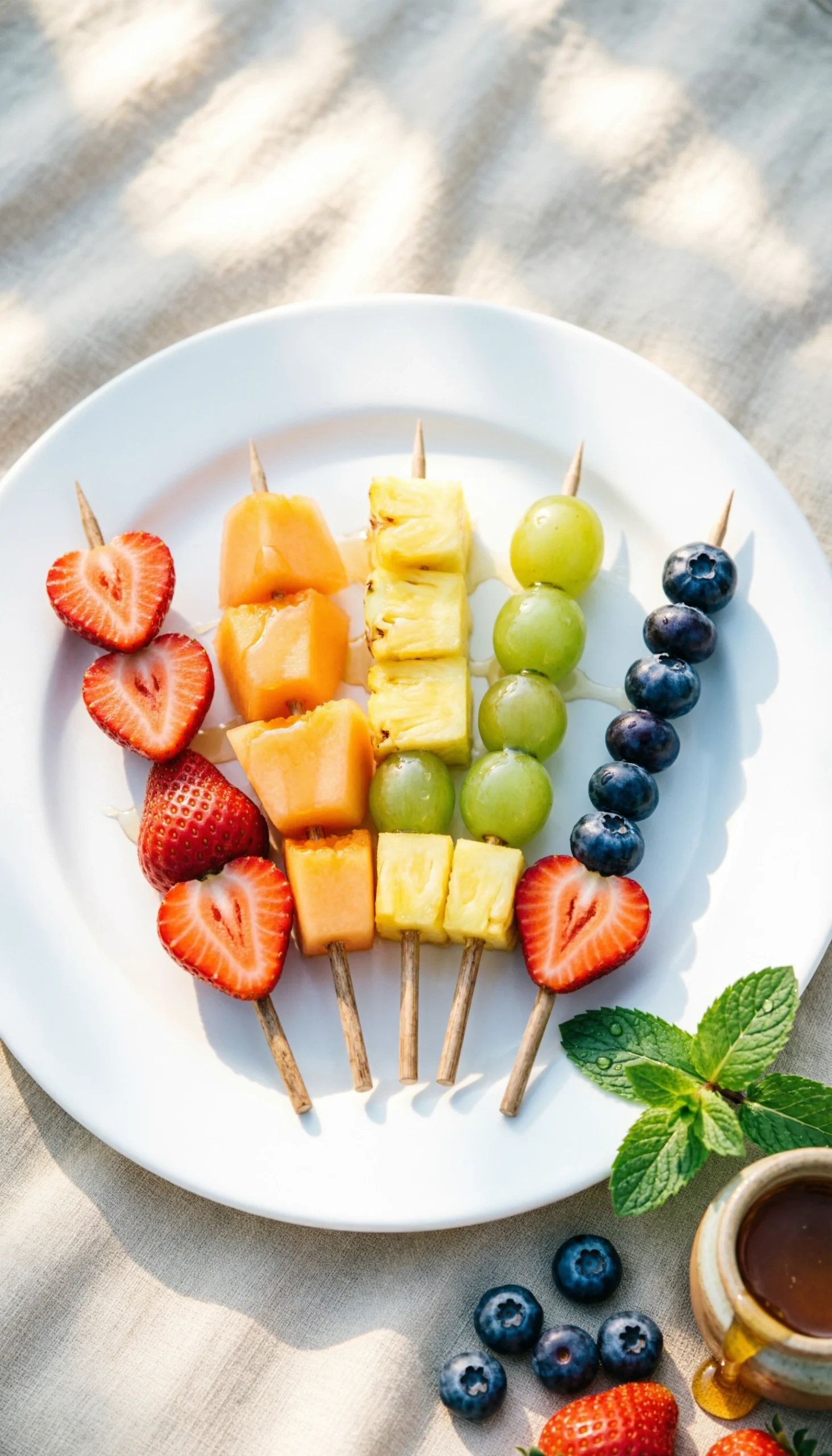 Magazine-quality image of colorful fresh fruit skewers with strawberries, pineapple, grapes, and blueberries.