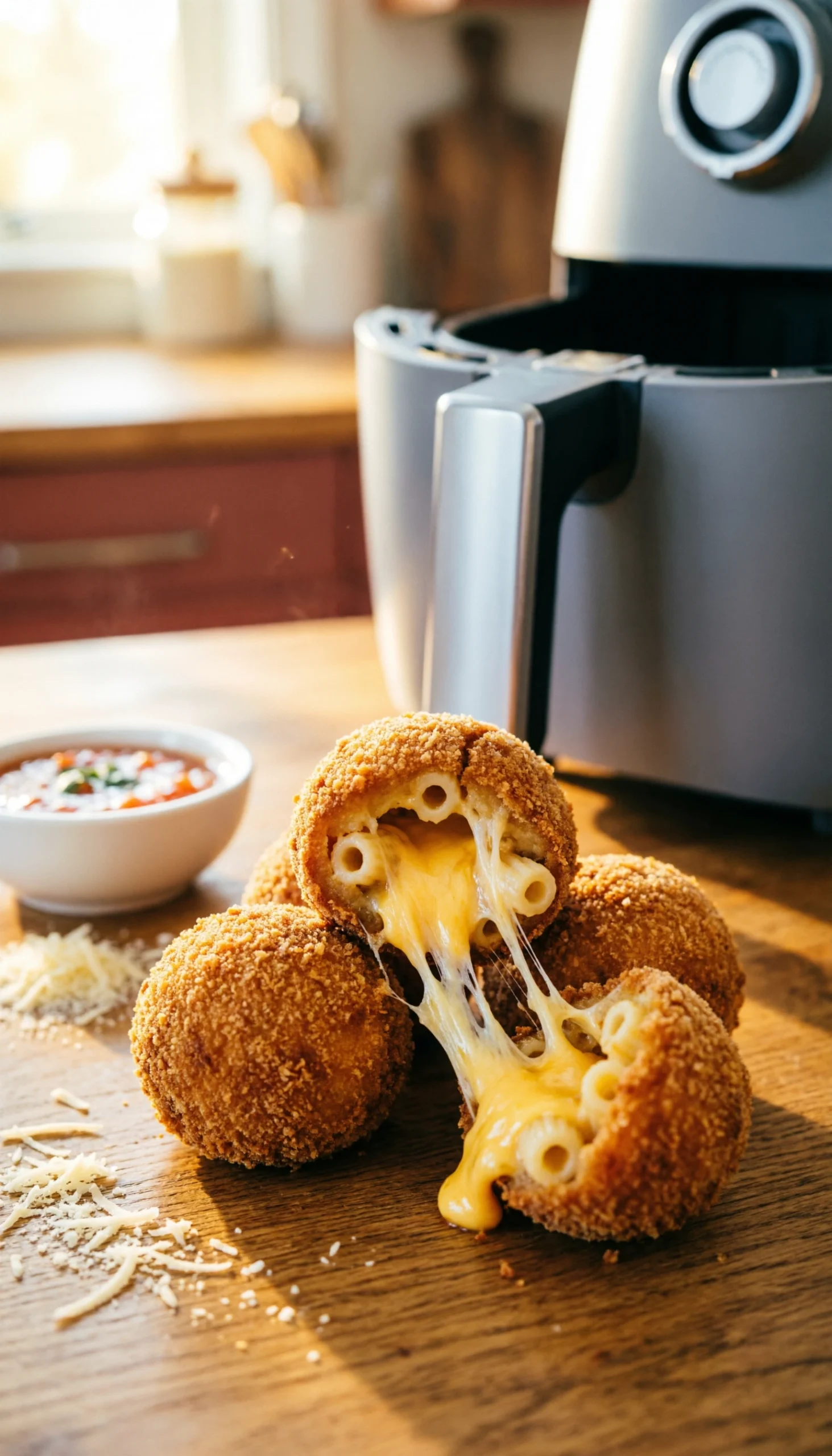 Magazine-quality image of crispy air-fried mac and cheese bites with gooey interiors, marinara, and parmesan.
