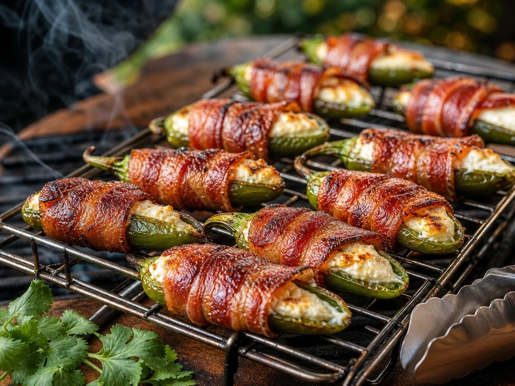 Magazine-quality image of crispy bacon-wrapped jalapeño poppers filled with bubbling cream cheese on a grill rack.