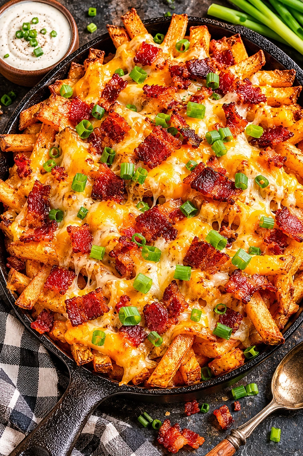 Magazine-quality image of golden loaded cheese and bacon fries with melted cheese, crispy bacon, and scallions in a skillet.
