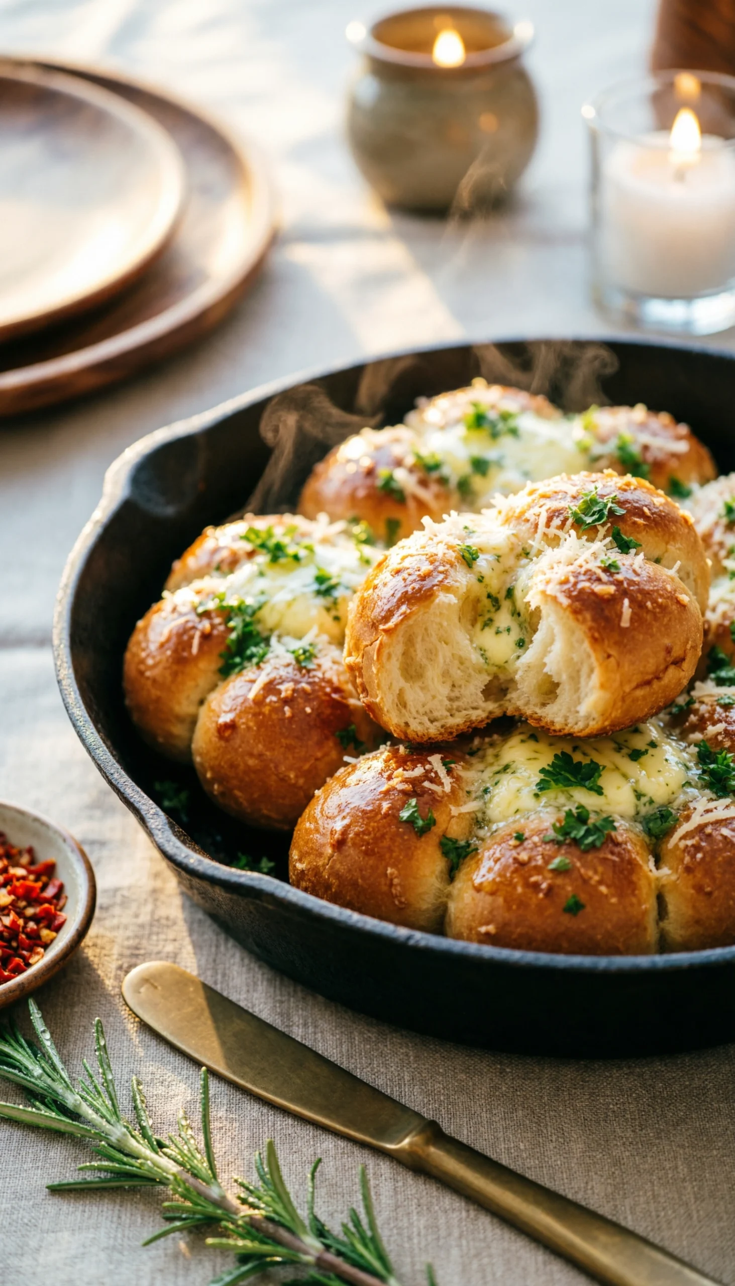 Magazine-quality image of golden pull-apart garlic bread knots with herb butter, parmesan, and parsley in a skillet.