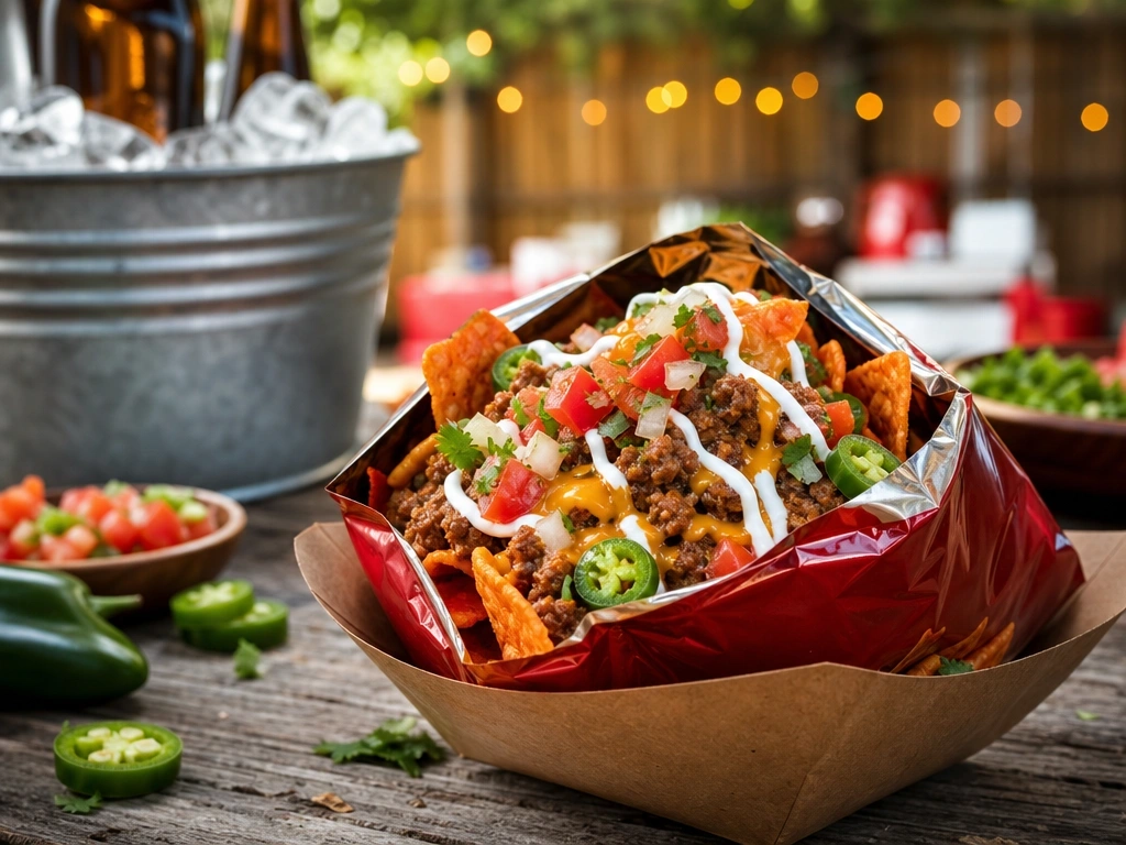 Magazine-quality image of spicy walking tacos with savory meat, melted cheddar, pico, and sour cream in a bag on a picnic table.