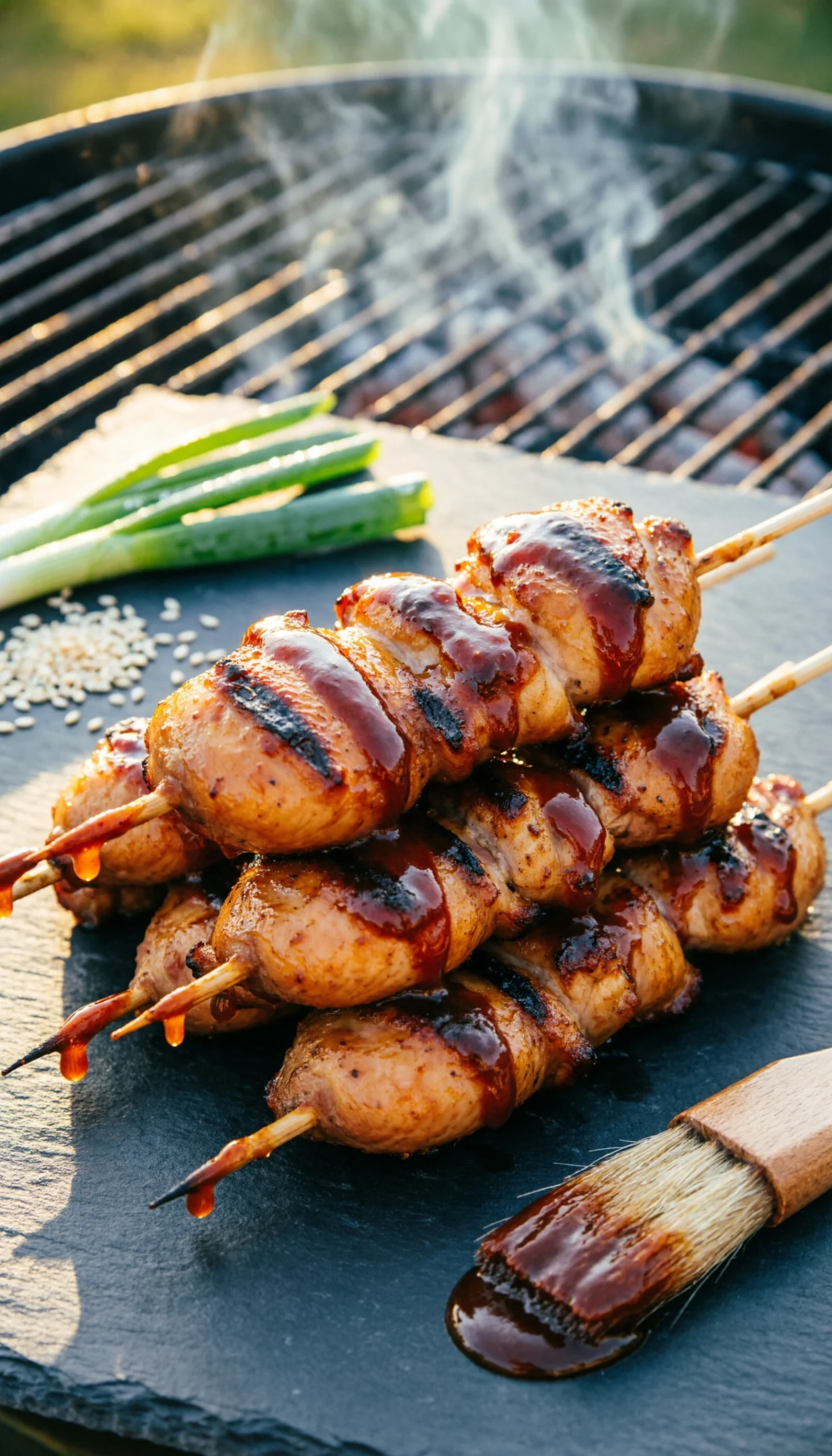 Magazine-quality image of sweet BBQ chicken skewers with caramelized glaze and grill marks on a slate board.