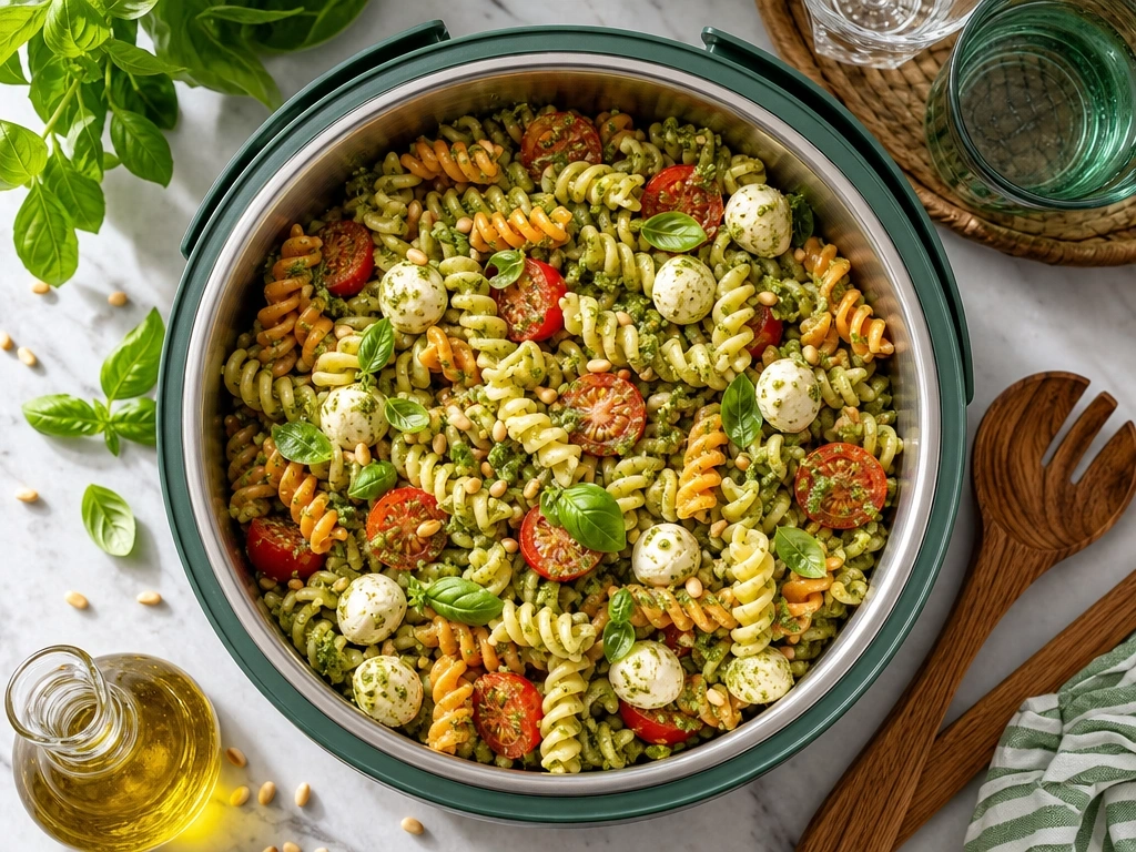 Magazine-quality image of zesty pesto pasta salad with rotini, cherry tomatoes, mozzarella, and basil in a bowl.