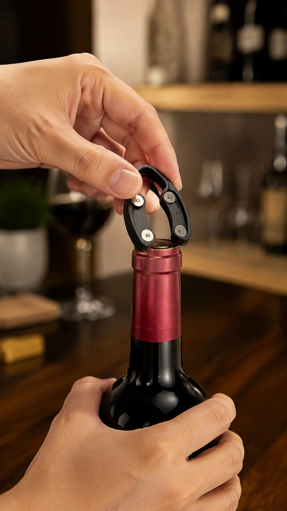 Testing Setup Photo Showing The Magnetic Wine Foil Cutter Stuck To A Stainless Steel Refrigerator Next To A Wine Bottle