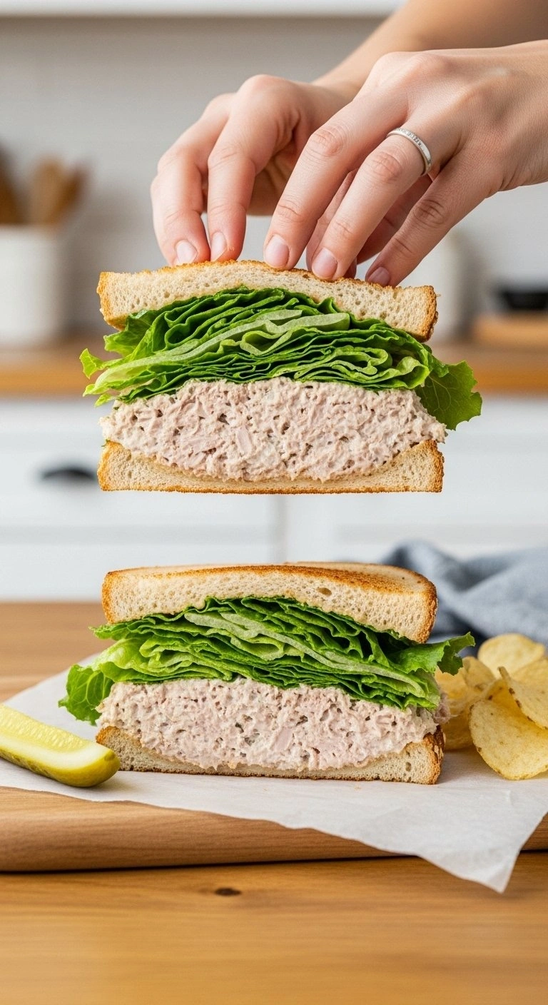 Magnificent Deli-Style Tuna Sandwich, Cut In Half, With Creamy Tuna Salad And Lettuce On Toasted Whole Wheat Bread.