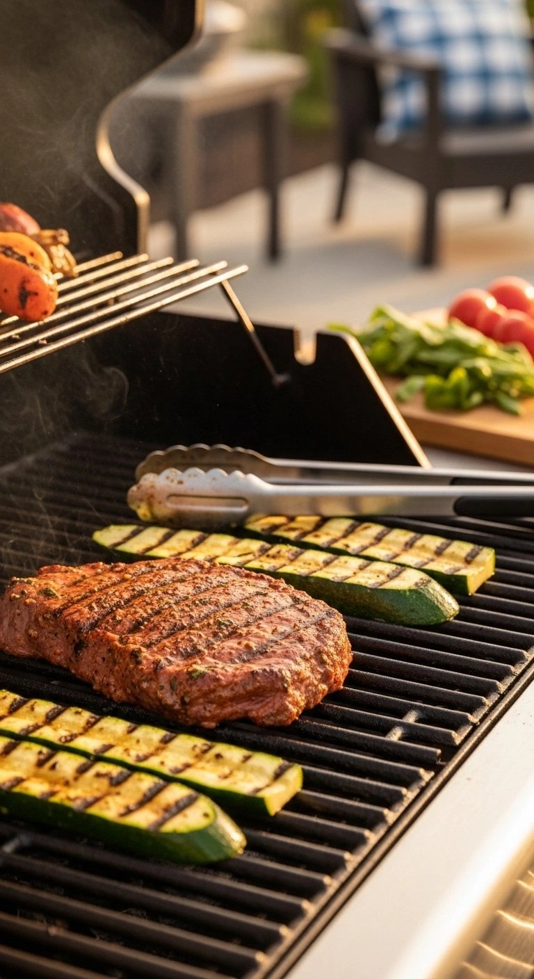 Marinated Flank Steak And Zucchini Slices Grilling With Char Marks During Golden Hour For An Outdoor Bbq.