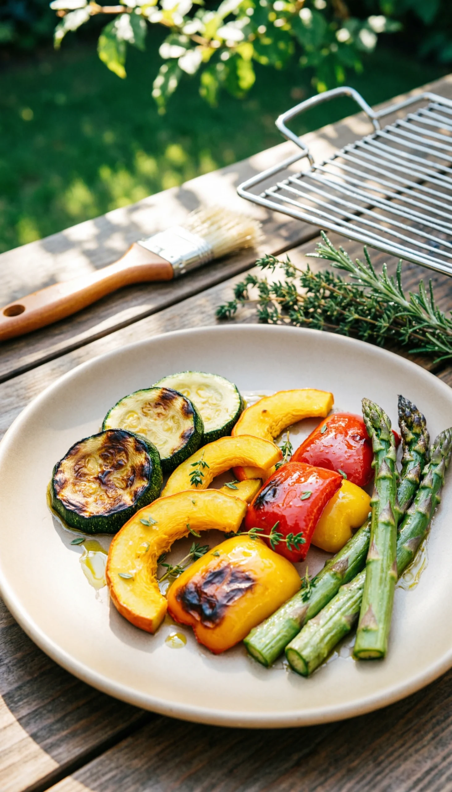 Marinated grilled vegetable platter with charred zucchini, bell peppers, and asparagus on a rustic wooden table, perfect for a backyard BBQ.