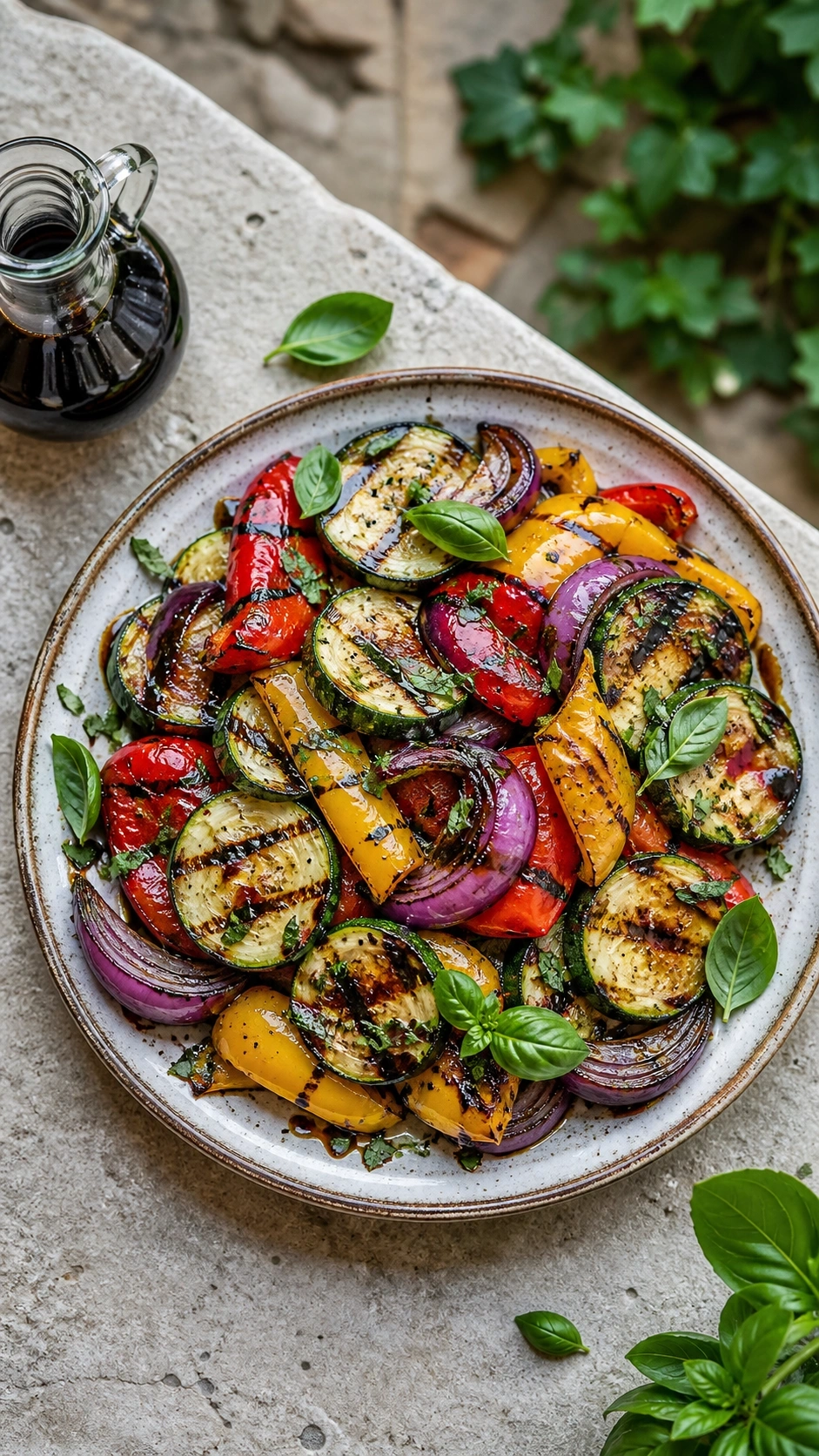 Marinated grilled vegetable salad with zucchini, peppers, and balsamic glaze on a vintage ceramic plate.