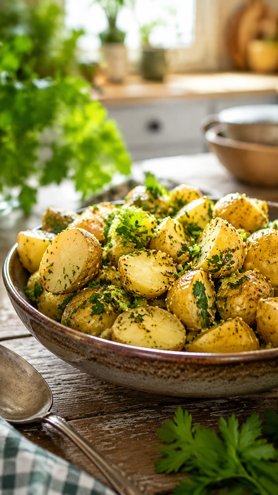Mayo-free French potato salad with golden potatoes and herb vinaigrette in a rustic bowl on a wooden table.