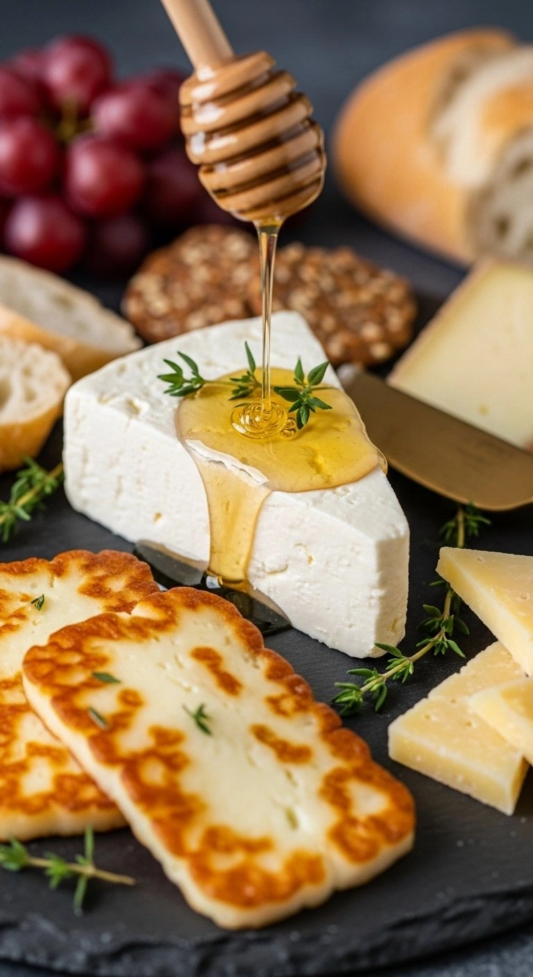 Mediterranean Cheese Board With Honey-Drizzled Feta, Grilled Halloumi Slices, And Aged Manchego On A Slate Board.