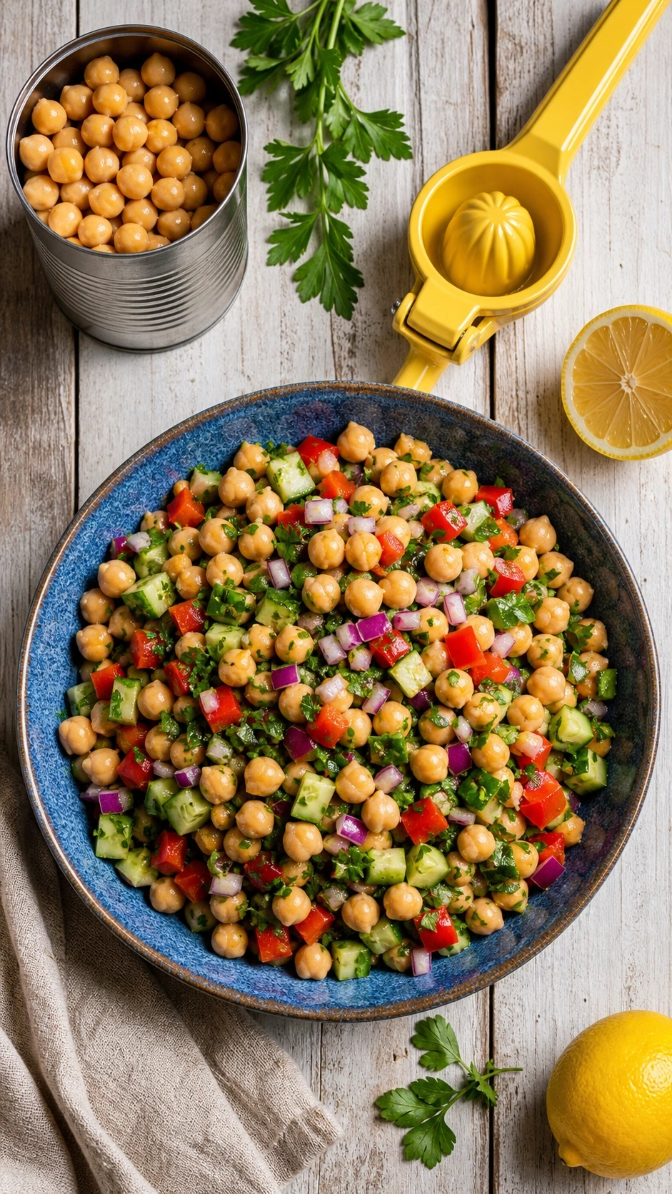 Mediterranean chickpea salad with cucumbers and bell peppers in a blue ceramic bowl on a rustic light wood background.