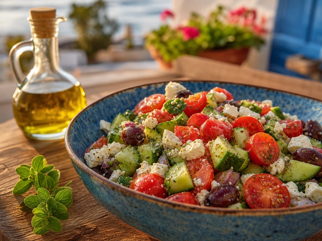 Mediterranean cucumber and tomato salad with feta cheese and Kalamata olives in a blue bowl on a rustic wood table.