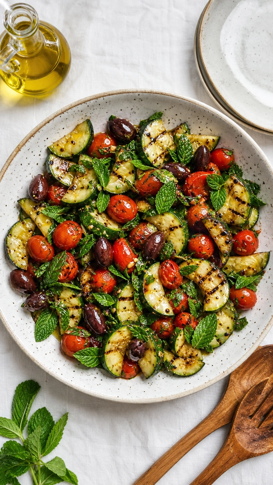 Mediterranean grilled zucchini salad with cherry tomatoes, kalamata olives, and mint in a white ceramic bowl.