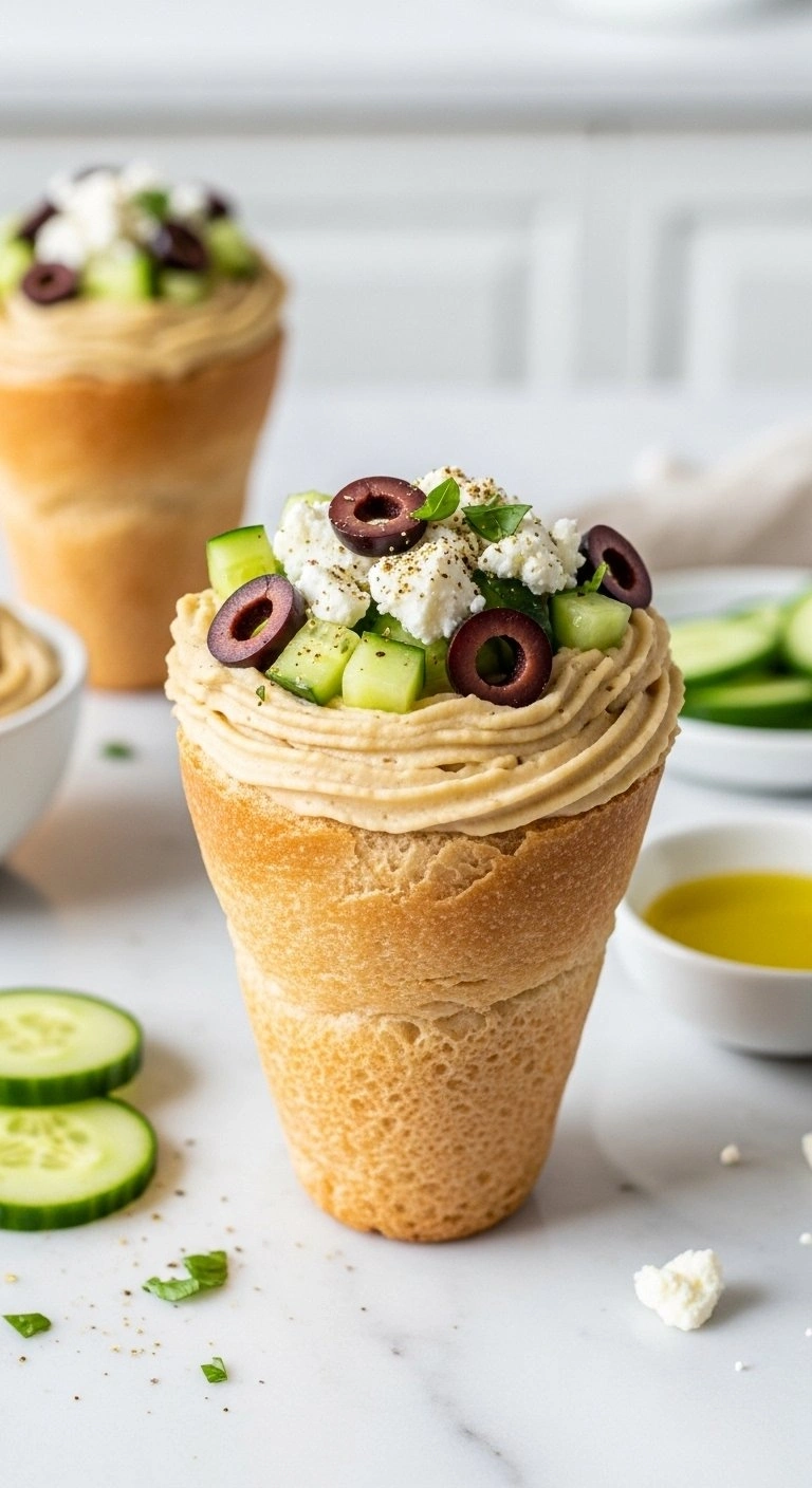Mediterranean Hummus Bread Cone Topped With Feta, Olives, And Cucumber On A Marble Kitchen Counter For A Healthy Snack.