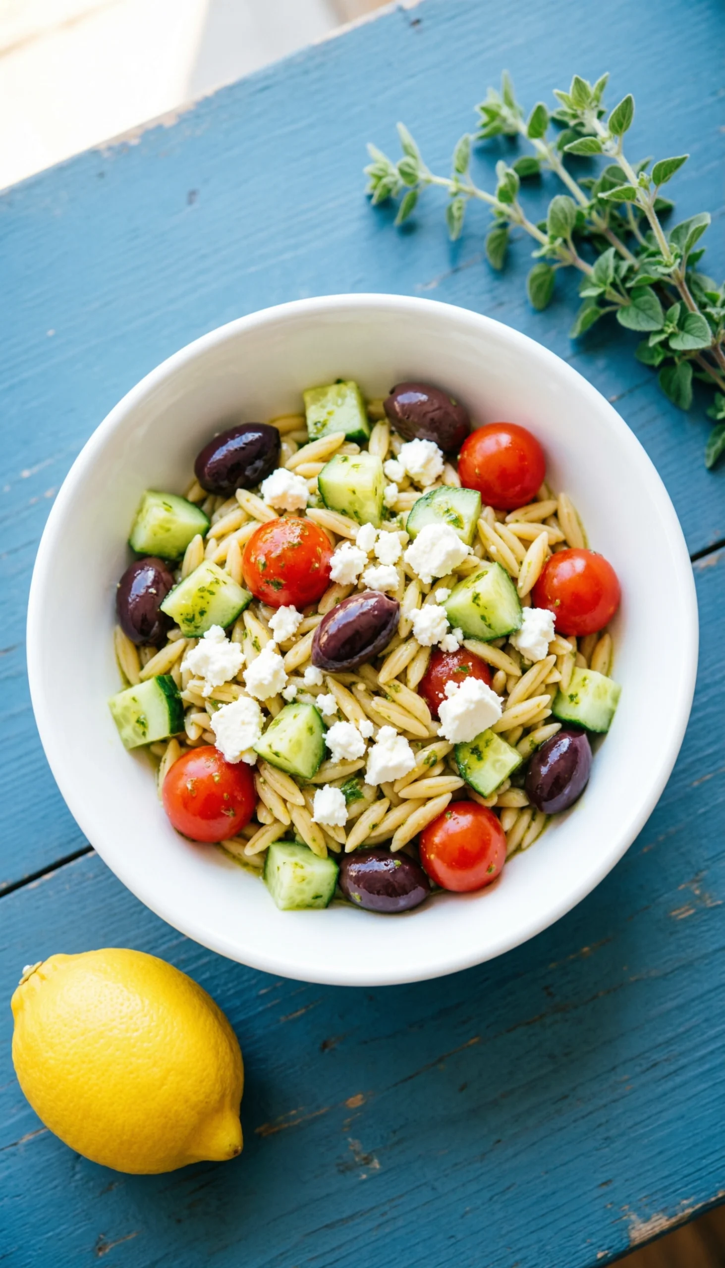 Mediterranean orzo salad with feta, olives, and cherry tomatoes in a white bowl on a weathered blue wooden surface.