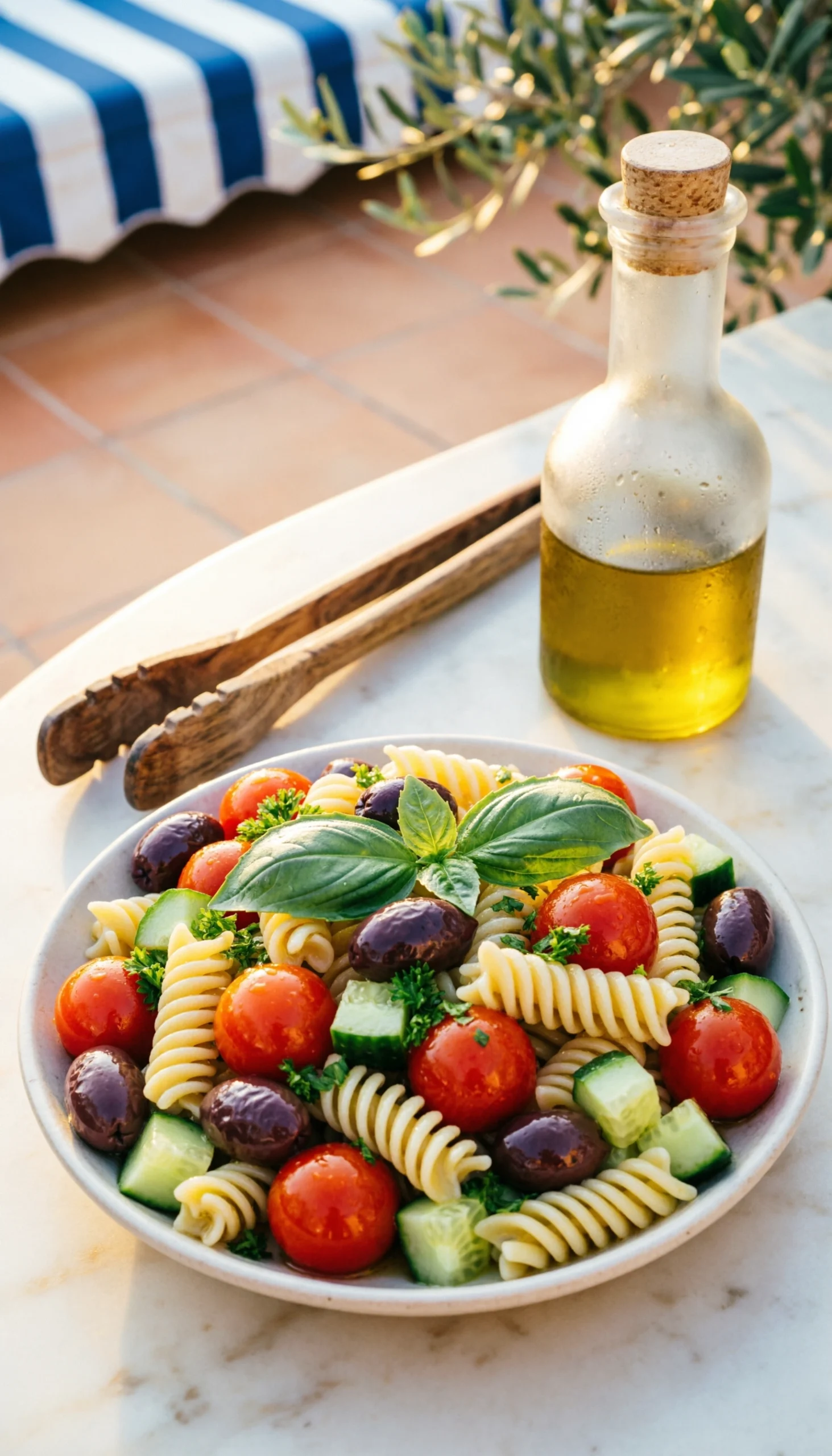 Mediterranean pasta salad with fusilli, cherry tomatoes, and kalamata olives on a marble countertop in golden light.